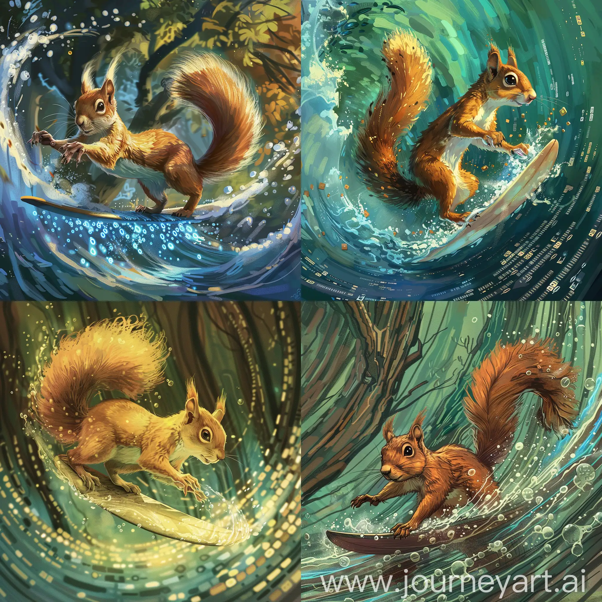 Can you draw a picture of a squirrel surfing on a stream of data in a heroic fantasy world?