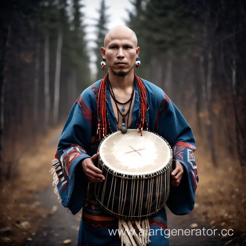 Лысый молодой шаман в шаманской одежде и бубном в руках