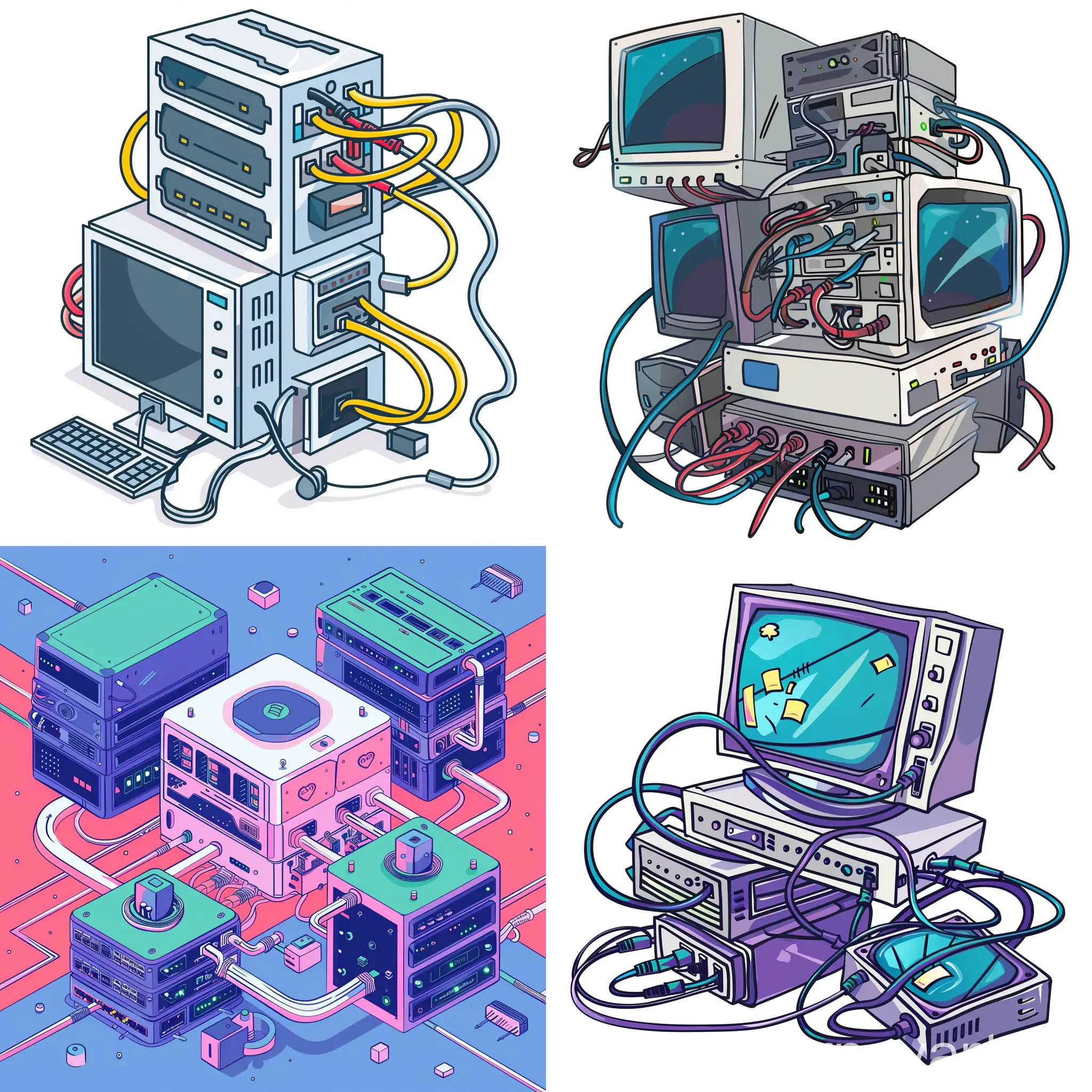computer hardware connected by network cables cartoon style