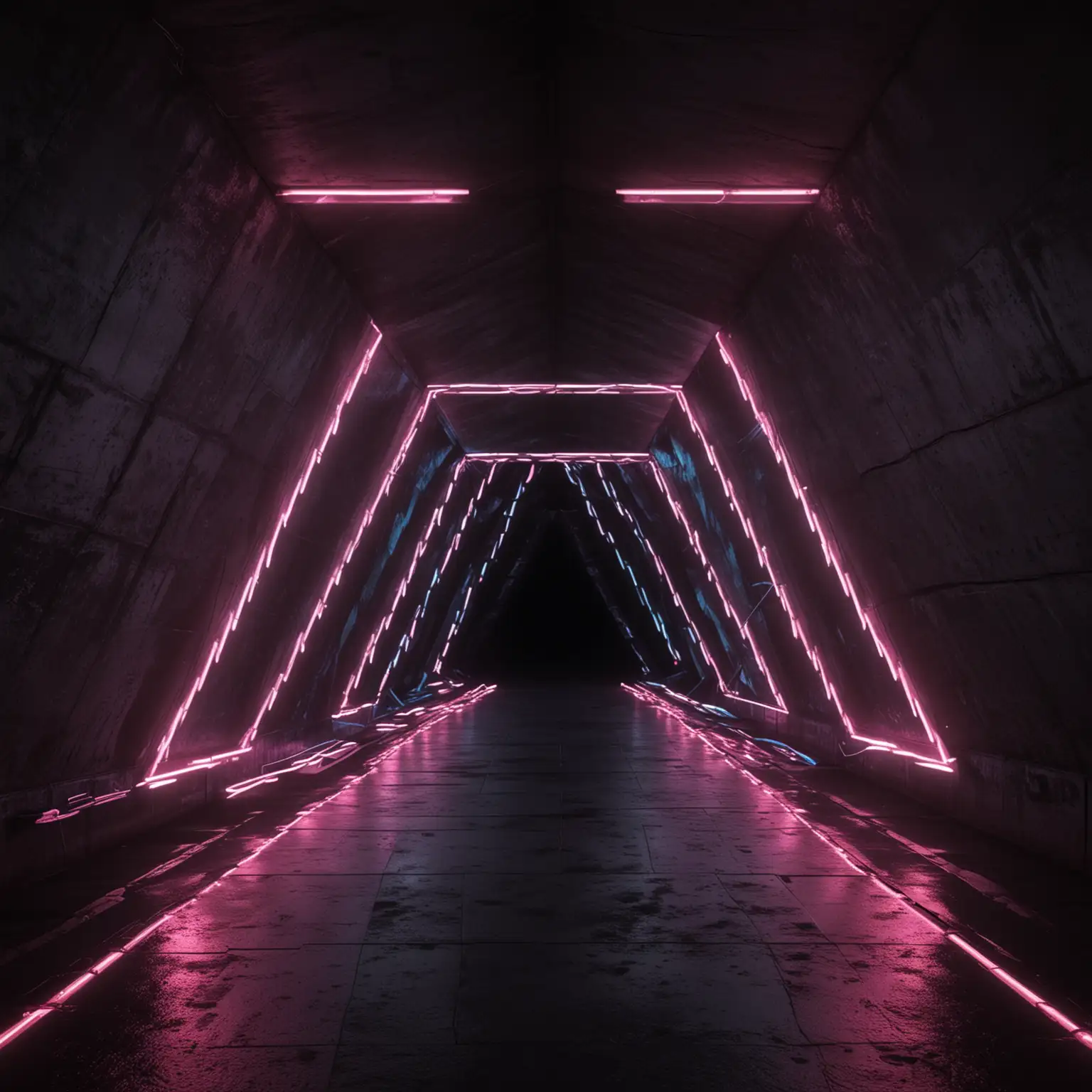 Futuristic Dark Tunnel with Neon Triangles