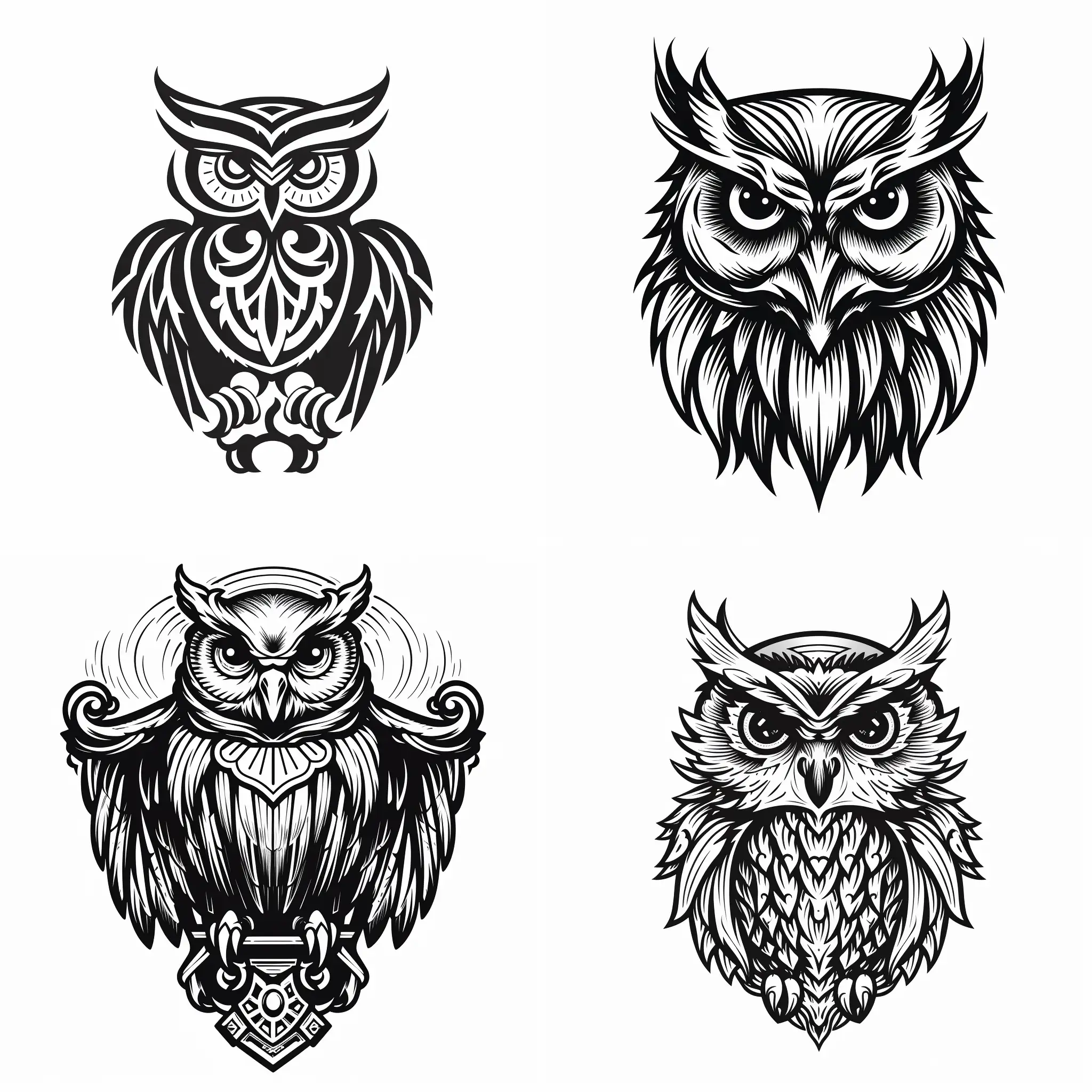 Owl logo, black and white, woodcut style, black and white logo