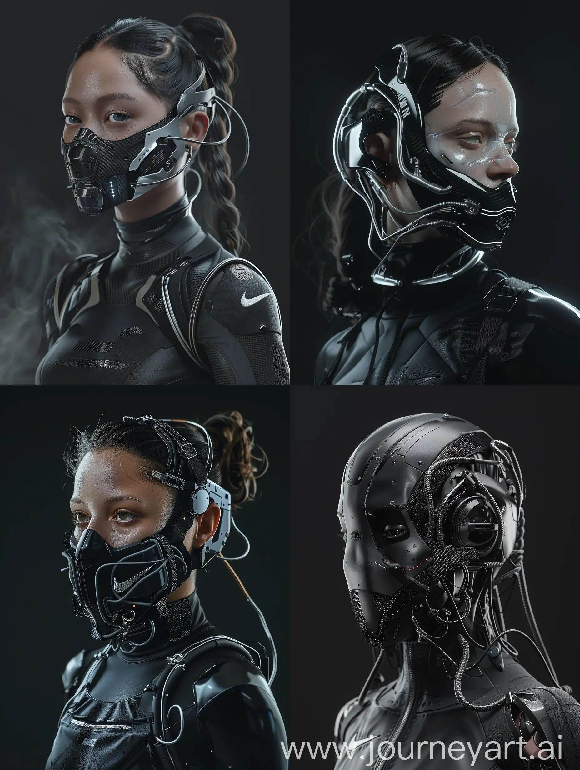 Against a sleek black backdrop, behold a mesmerizing character adorned with a cybernetic mouth-covering mask. It seamlessly blends cutting-edge technology with intricate details, boasting carbon fiber textures, sleek aluminum accents, and wires. Symbolizing the delicate balance between humanity and machine, her appearance embodies the essence of a futuristic cyberpunk aesthetic, enhanced with Nike-inspired add-ons. With dynamic movements reminiscent of action film sequences and cinematic haze, her presence captivates with its irresistible allure.v1