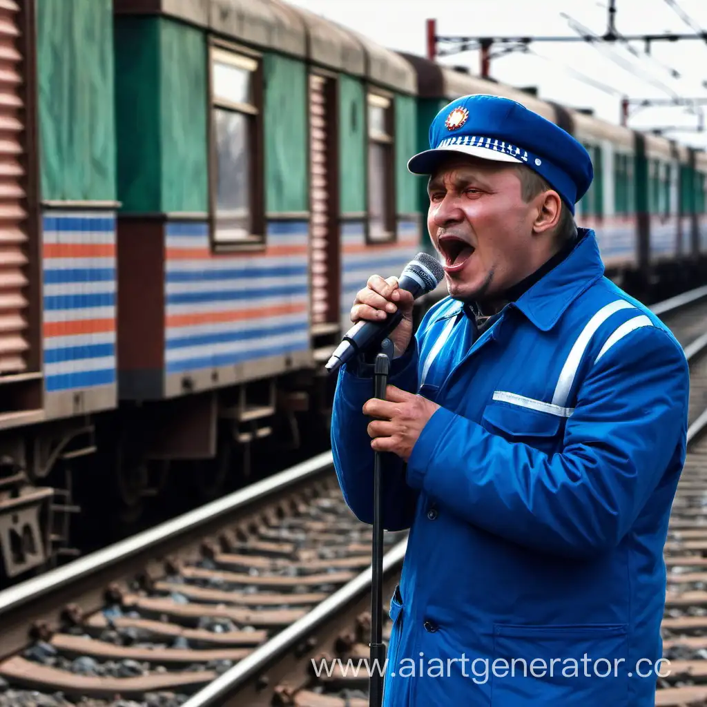 Russian-Railway-Worker-Singing-with-a-Microphone