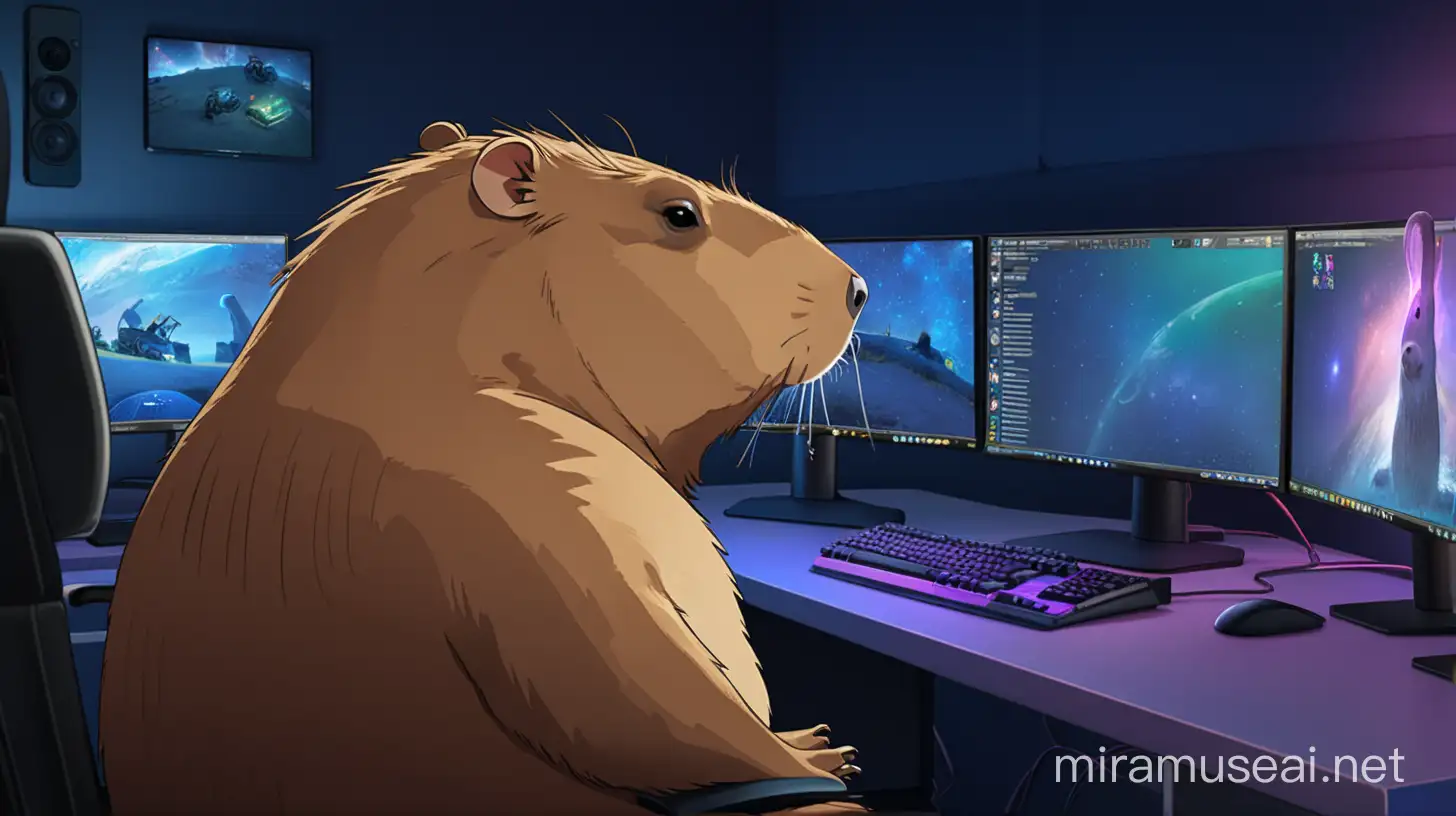 Solitary Capybara Night Behind Gamer Desk with Three Monitors