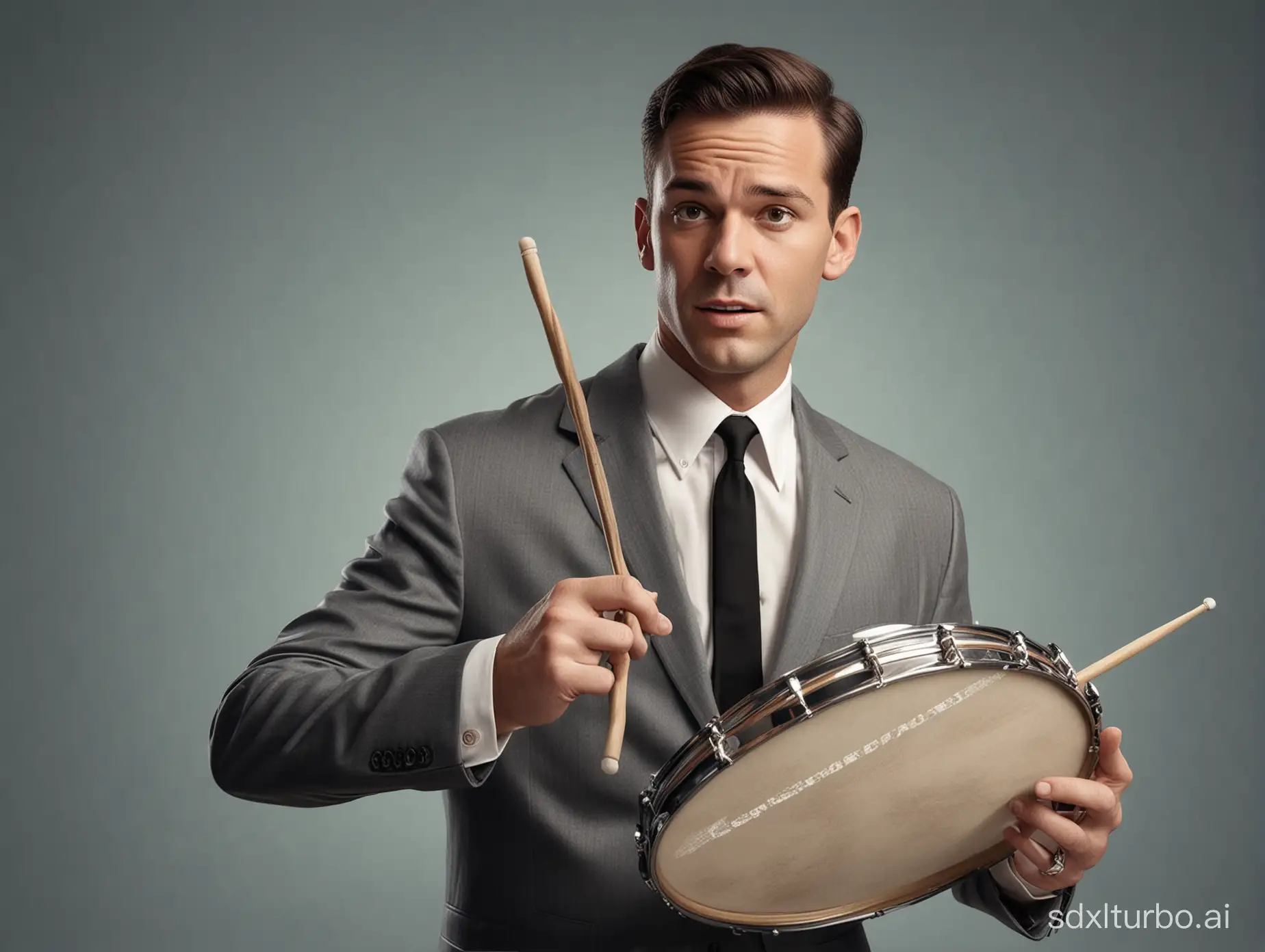 An extremely photo realistic high resolution image of a man with a snare drum for his head in a 1960s jazz suit and tie his hands are each holding a drum stick.