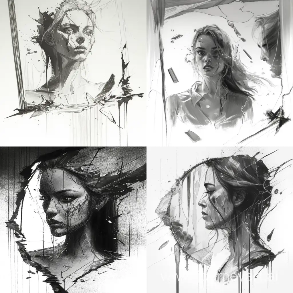 Eerie-Female-Silhouette-in-Broken-Bloody-Mirror-Pencil-Sketch