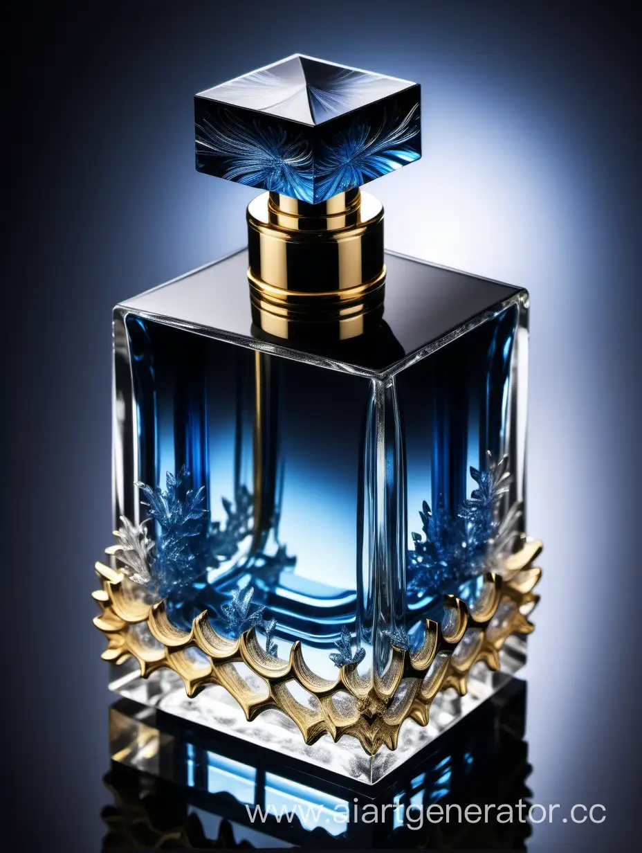 a crystal clear perfume bottle made of blue, black and gold transparent