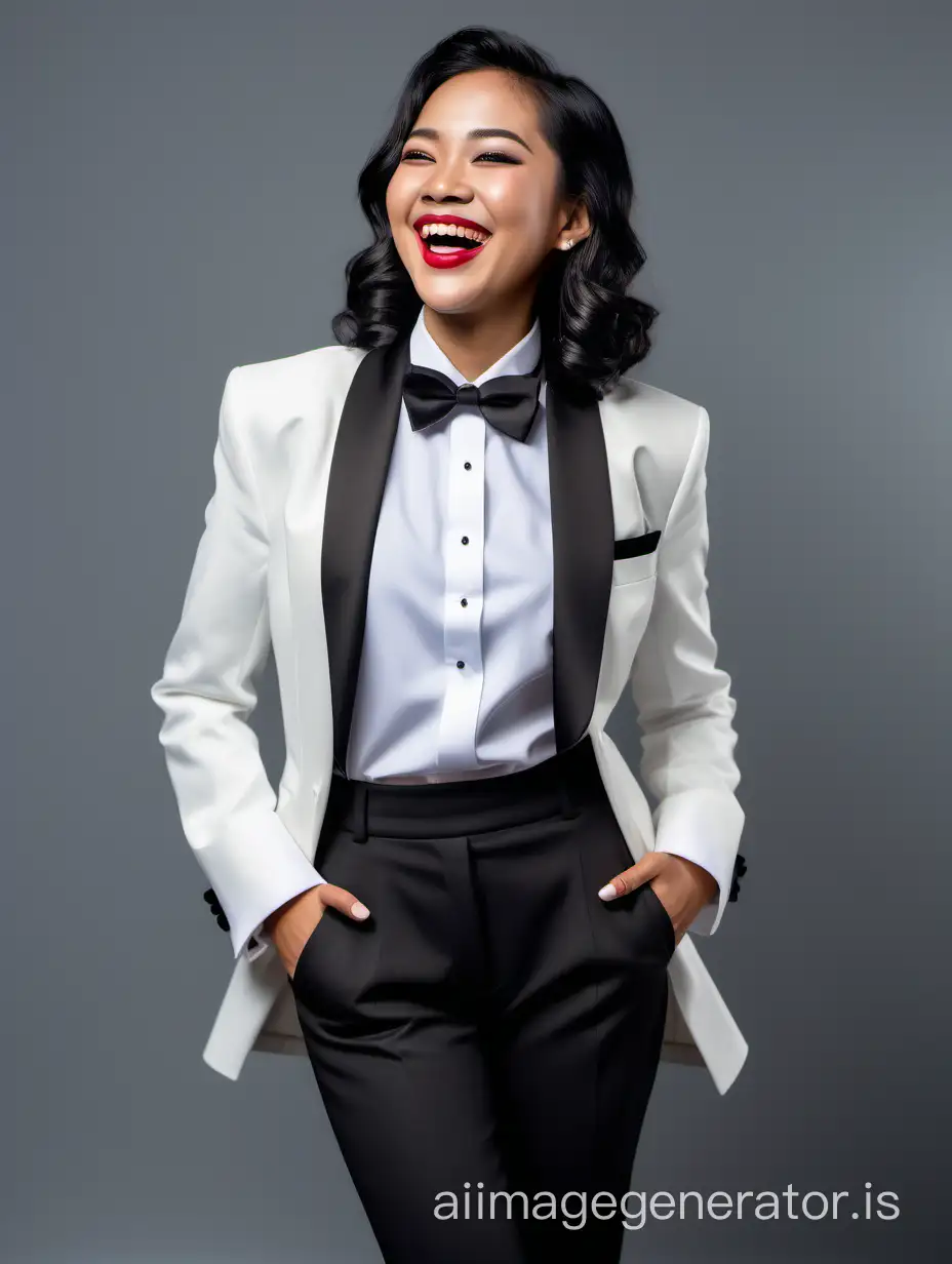 Beautiful smiling and laughing indonesian woman with shoulder length hair and lipstick wearing a tuxedo with a white  jacket and black pants.  Her shirt is white with double french cuffs and a wing collar.  Her bowtie is black.  Her cummerbund is black.  Her cufflinks are black.  She is smiling and laughing. Her jacket is open. 