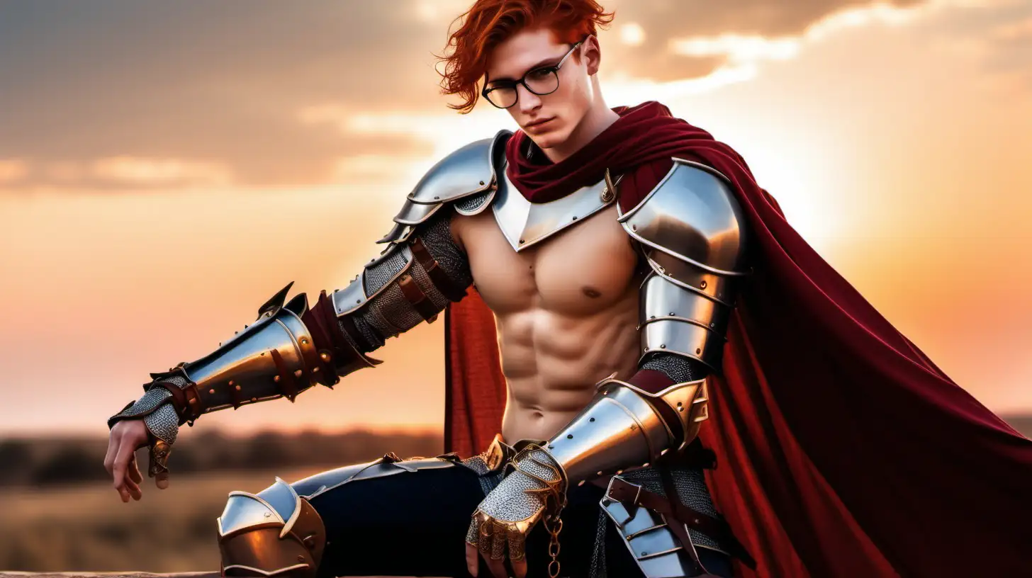 Handsome redhead male knight short hair glasses stubbles shirtless leg armor bracelets cape flowing in the wind sunset a hawk resting on his arm