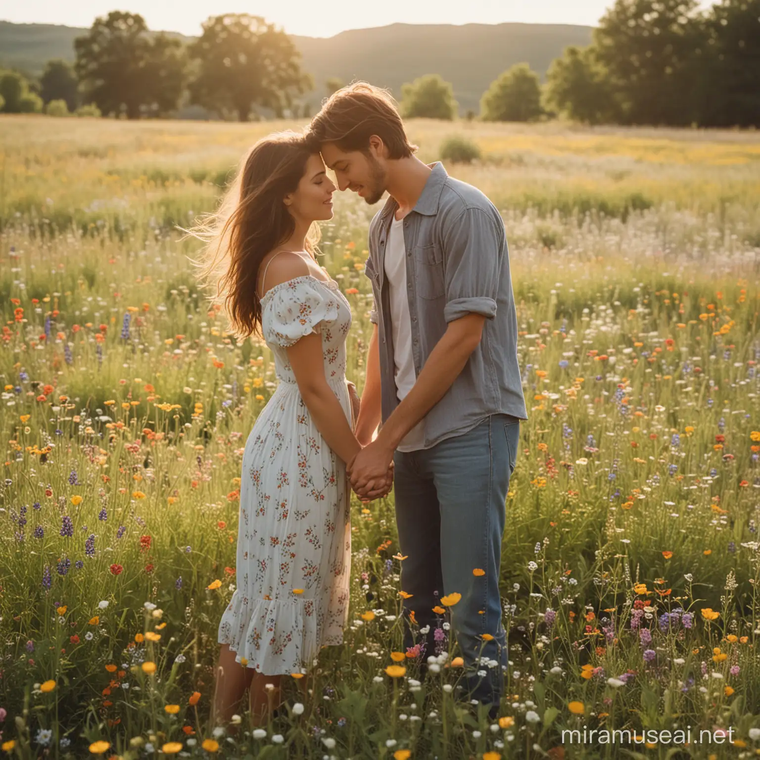 A young couple standing amidst a field of wildflowers, embracing the beauty of nature. Serene, Youthful, Nature, Love, Wildflowers. DSLR. 35mm. Morning. Natural, Candid. Color Slide. Aperture Priority. Soft focus, Warm tones.