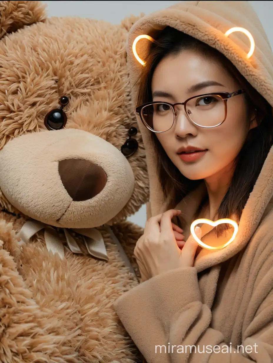 Asian Woman in Glasses with Big Light Brown Teddy Bear