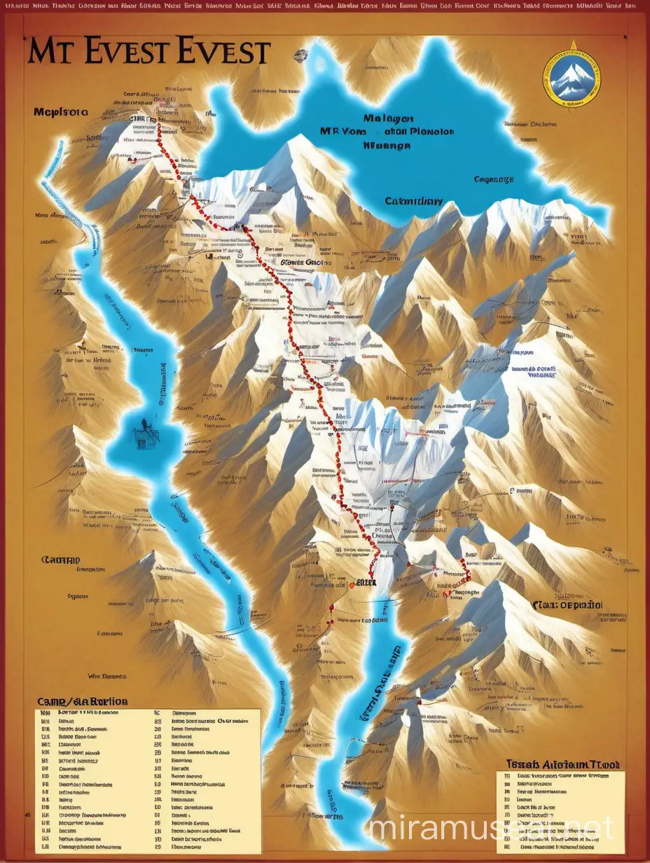 Mt Everest trek map with labels of different camps or major places