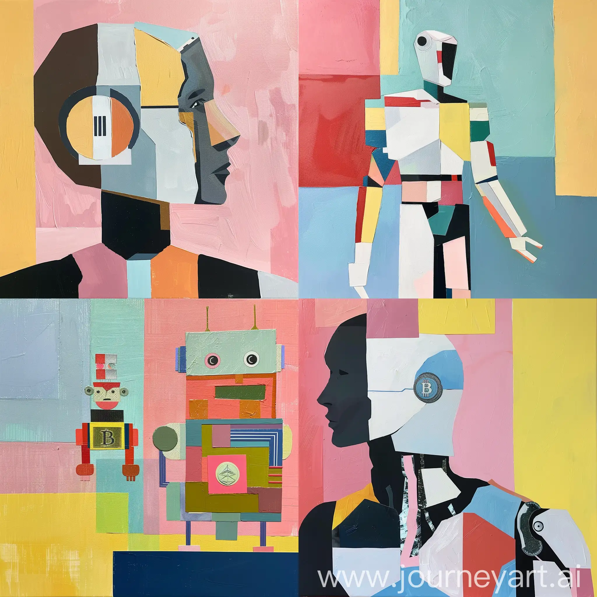 Minimalistic, modern oil painting of AI robot and blockchain, pastel colors with HEX- 800080 being the primary colour, collage style in the style of Henri Matisse, cut paper, very simple --v 6.0