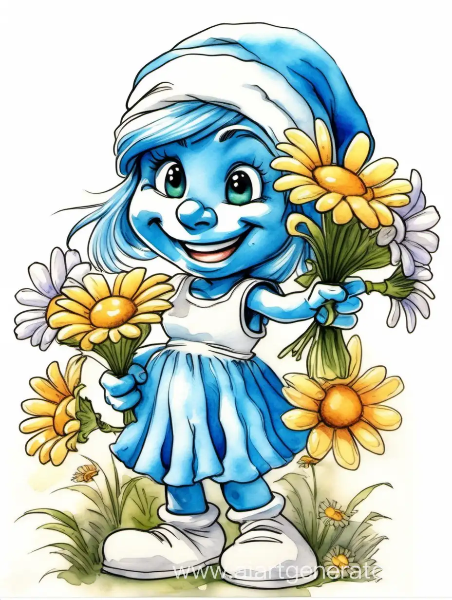 Cheerful-Smurfette-Holding-a-Bouquet-of-Daisies-in-Detailed-Watercolor-Cartoon-Illustration