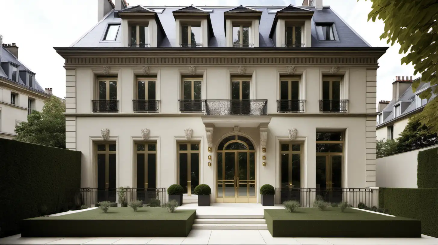 modern Parisian grand home exterior; beige, oak, brass, colour palette; front garden --no neighbour houses