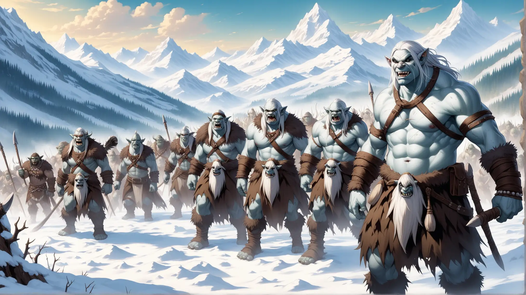 tribe of pearly white orcs with chalk white skin, barbarians and shamans, women and men, snow white mountains, Medieval fantasy