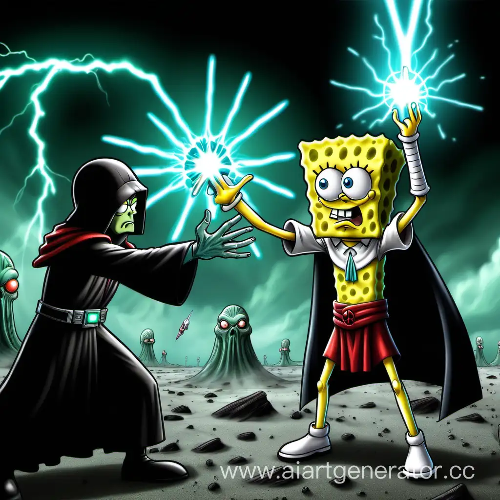 Lord of the Sith evil SpongeBob uses lightning force from his hands against Jedi Squidward