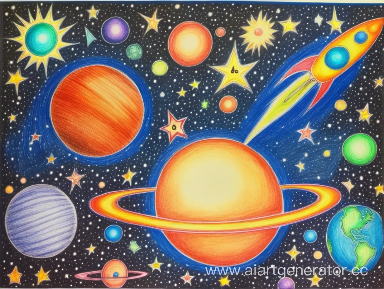 простой детский рисунок выполненный цветными карандашами на тему "космические чудеса"