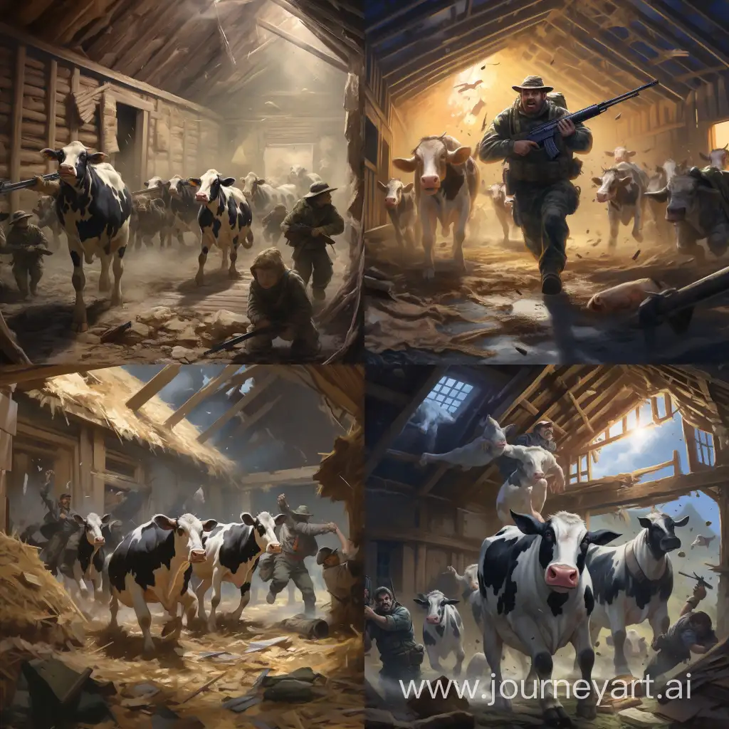 Отряд молодого спецназа, вооруженный пакетами с мукой, яйцами и молотком, берет штурмом амбар, где живут коровы