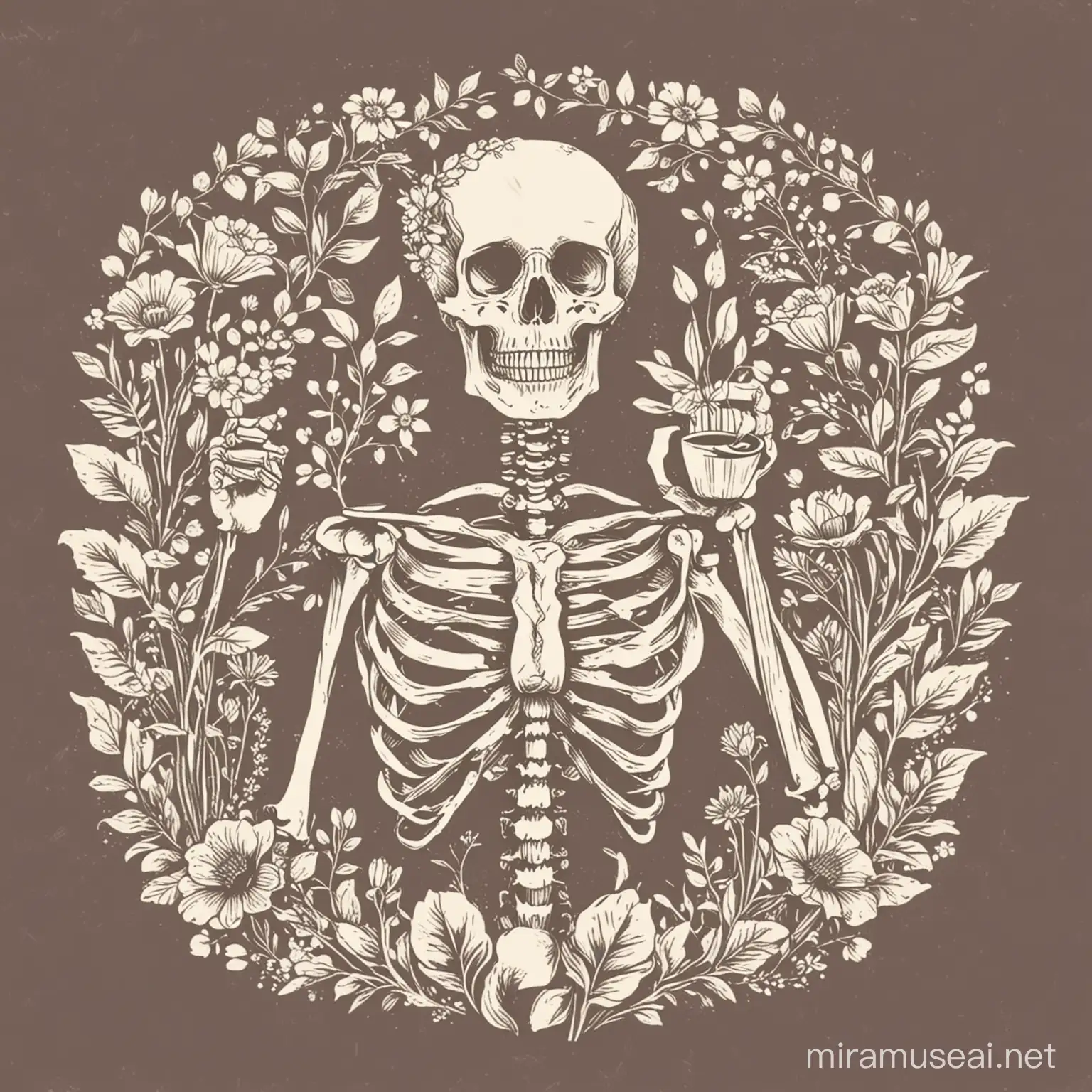 Vintage Style Human Skeleton Holding Coffee Cup Surrounded by Flowers