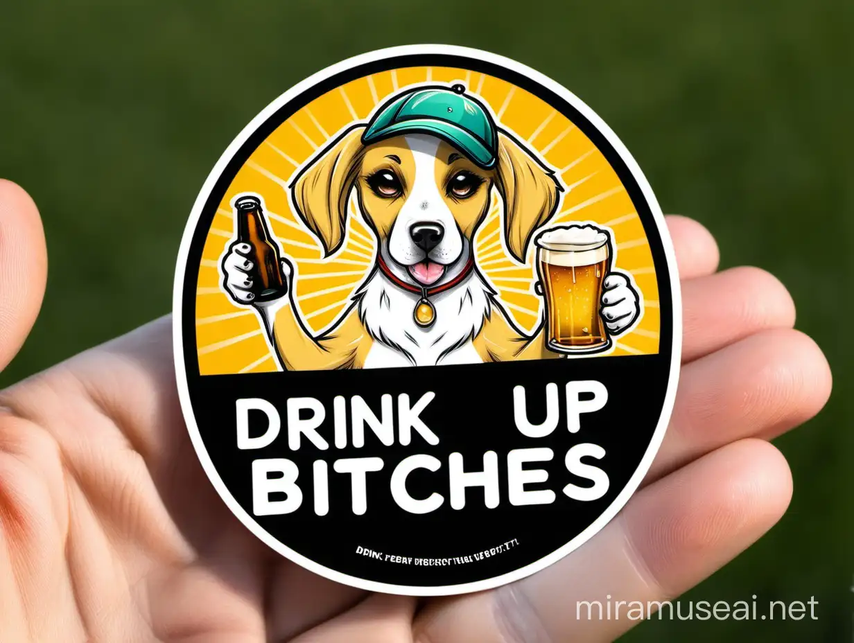 sticker of a femail dog holding a beer with the words "Drink up bitches"