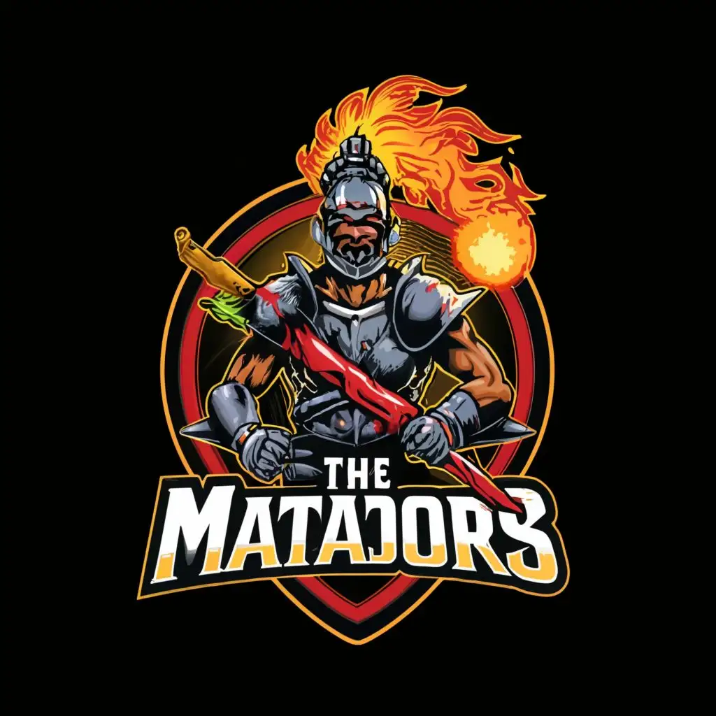 logo, Warrior with Fire Ball and Sword, with the text "The Matadors", typography