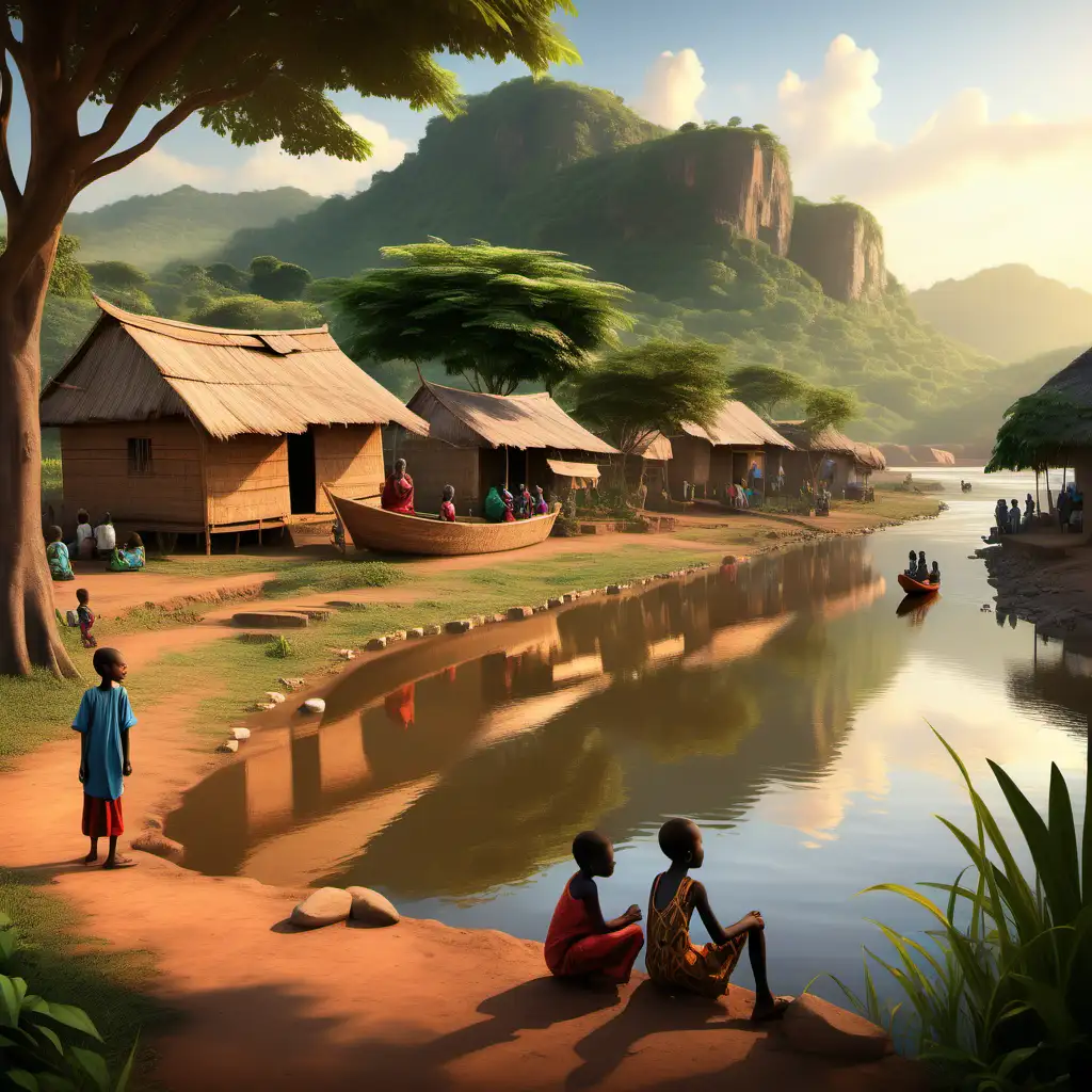 Riverside Serenity African Village Life with Boat Navigation and Daily Activities