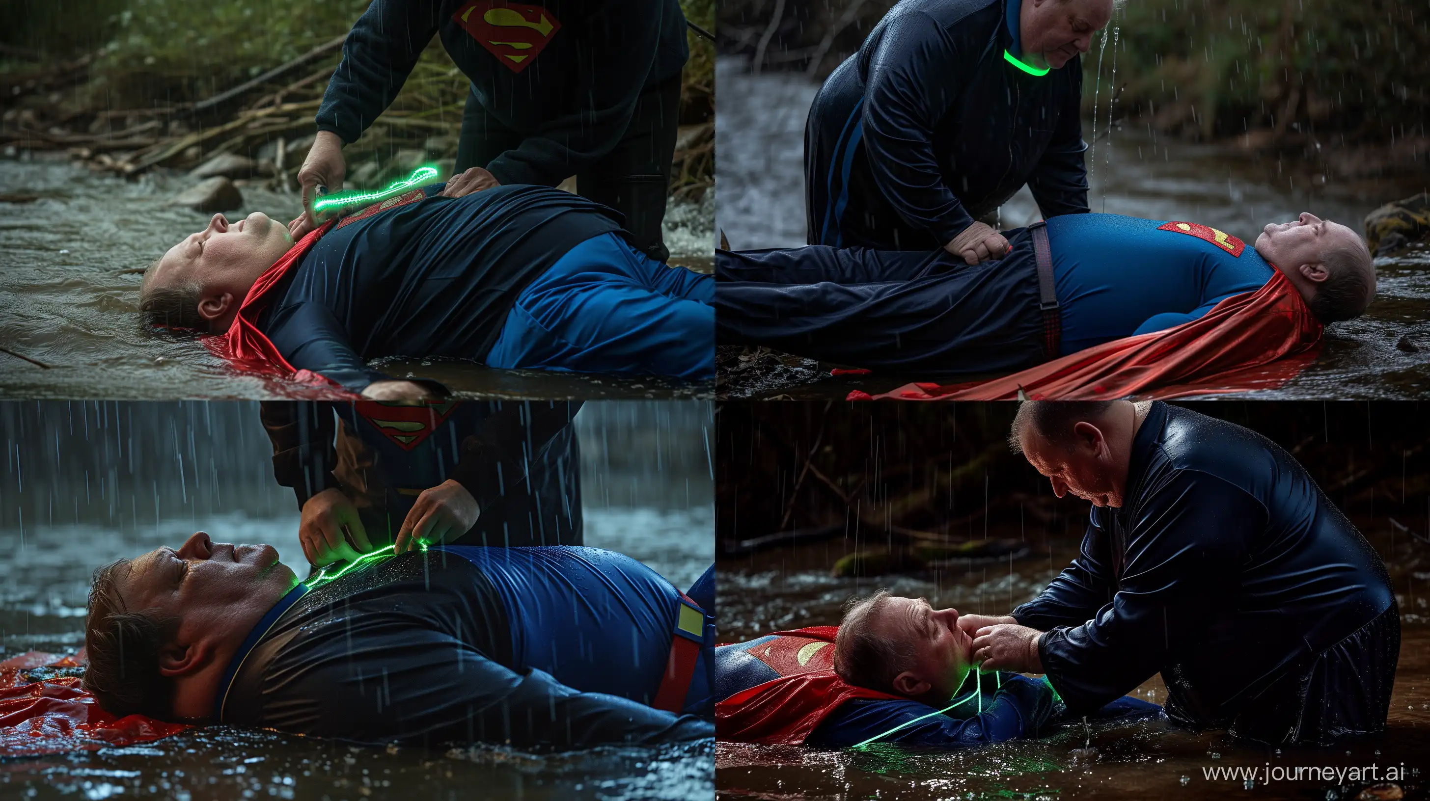 Close-up photo of a fat man aged 60 wearing a navy silk black tracksuit with a blue stripe on the pants. He is tightening a tight green glowing neon dog collar on the neck of a fat man aged 60 wearing a tight blue 1978 smooth superman costume with a red cape lying in the rain. Natural Light. River. --style raw --ar 16:9