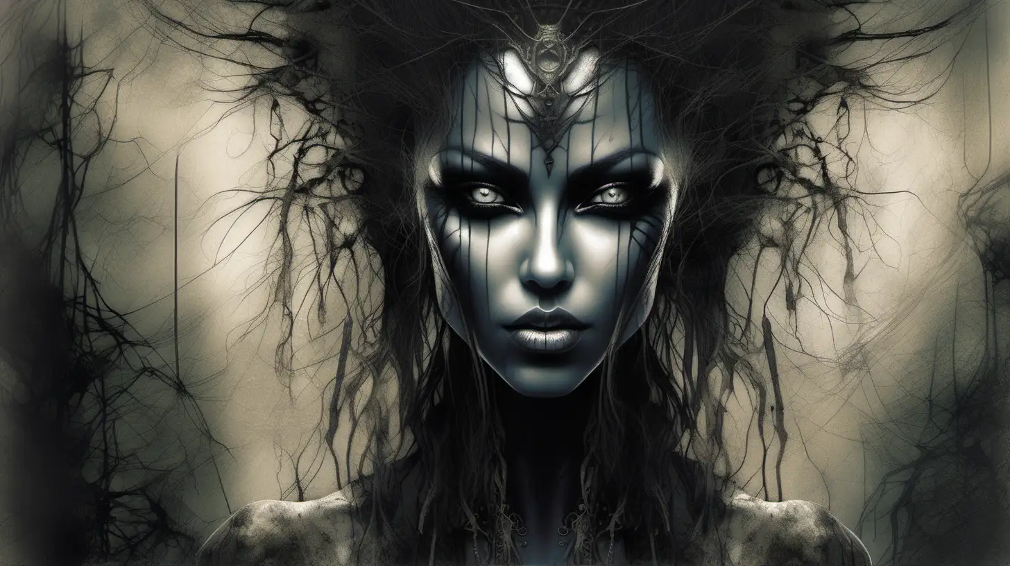 Dark Fantasy Female Portrait with Sinisterly Beautiful Eyes and Eerie Expression in 8K Resolution