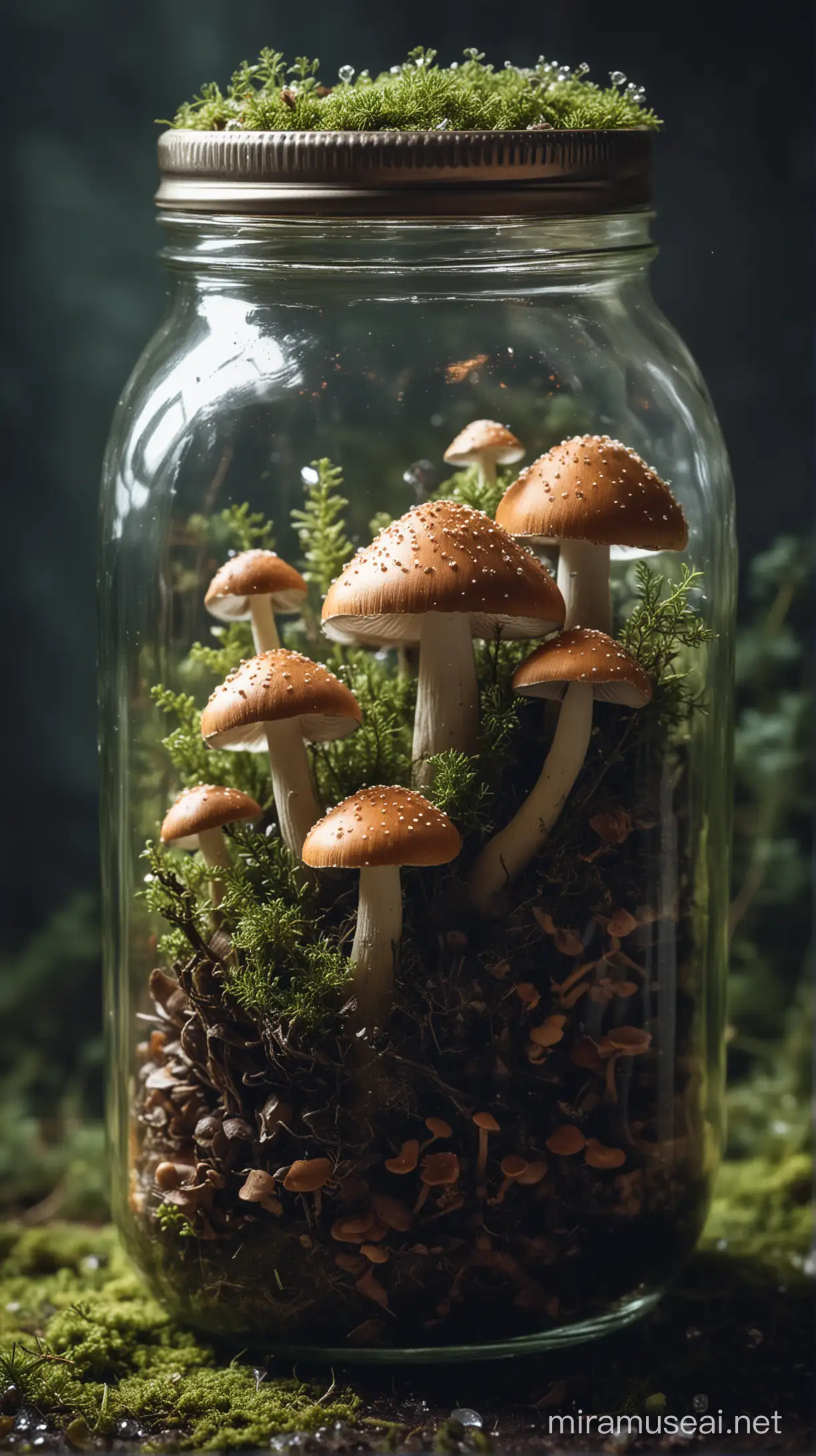 Magical mushrooms in a glass mason jar with moss and crystals. Moody style