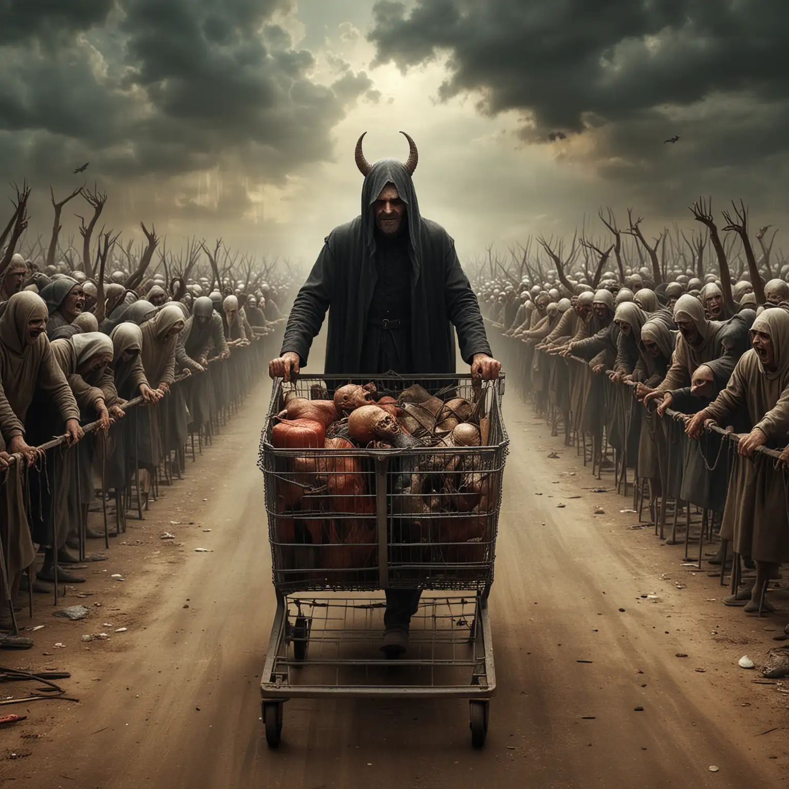 Going to Hell in a Hand basket. Lucifer pushing a shopping cart full of anguished people in agony. imagery like Dante or Hieronymus Bosch