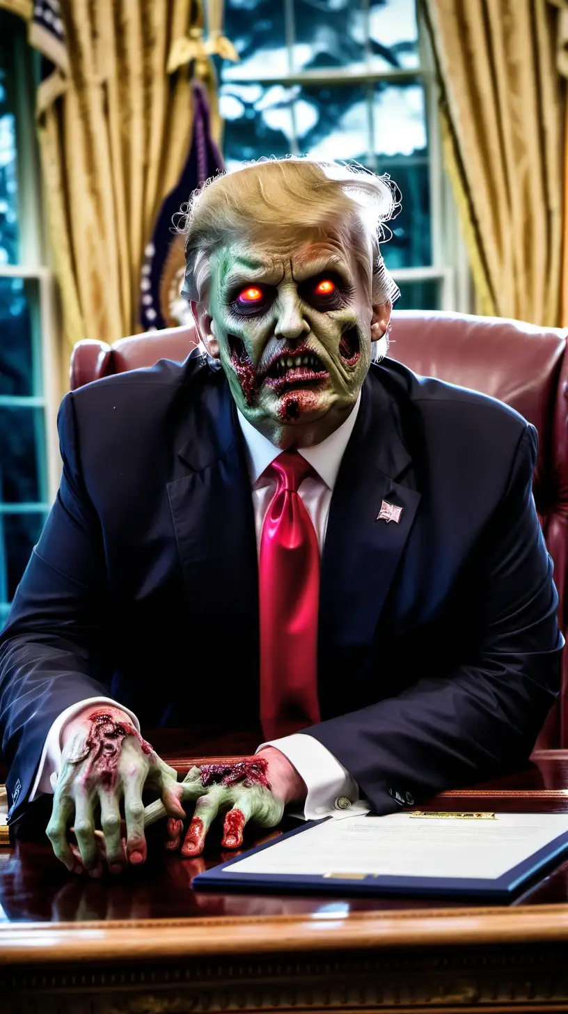 Donald J Trump as a Zombie facing out at us, ugly, hungry, blazing red eyes, oval office background