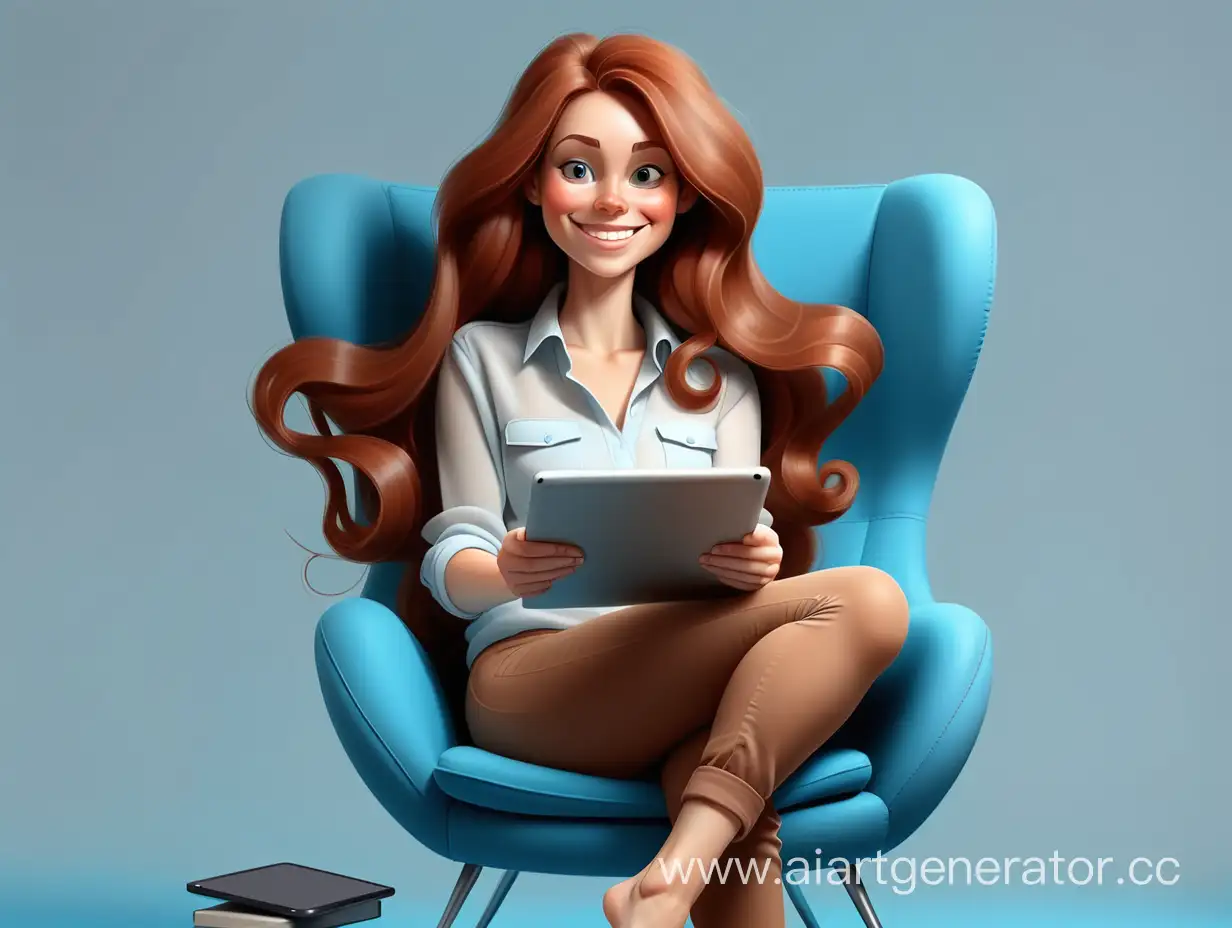 нарисуй счастливую девушку 37 лет в полный рост, видны ноги в штанах полностью,  сидит в ярком синем кресле с планшетом, каштановые волосы. прозрачный фон