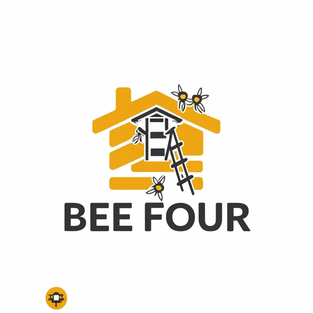 a logo design,with the text "Bee Four", main symbol:house half brick, half smooth. Step ladder on brick side. Add four small bees top right corner
,Minimalistic,be used in Construction industry,clear background