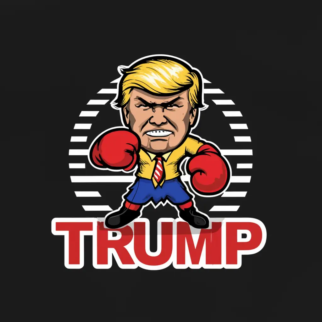 a logo design,with the text "Trump", main symbol:Donald Trump punching a heavy bag that says democrat on it.,complex,be used in Entertainment industry,clear background