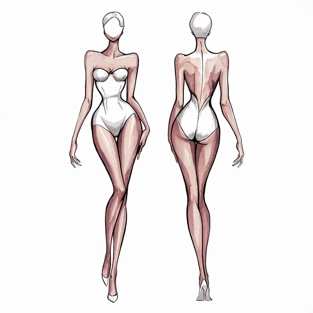 create a full body head to toe hand drawn full body female fashion illustration front and back rendered with water color on some part of body. and she wore nothing. only body shape. in white color 
