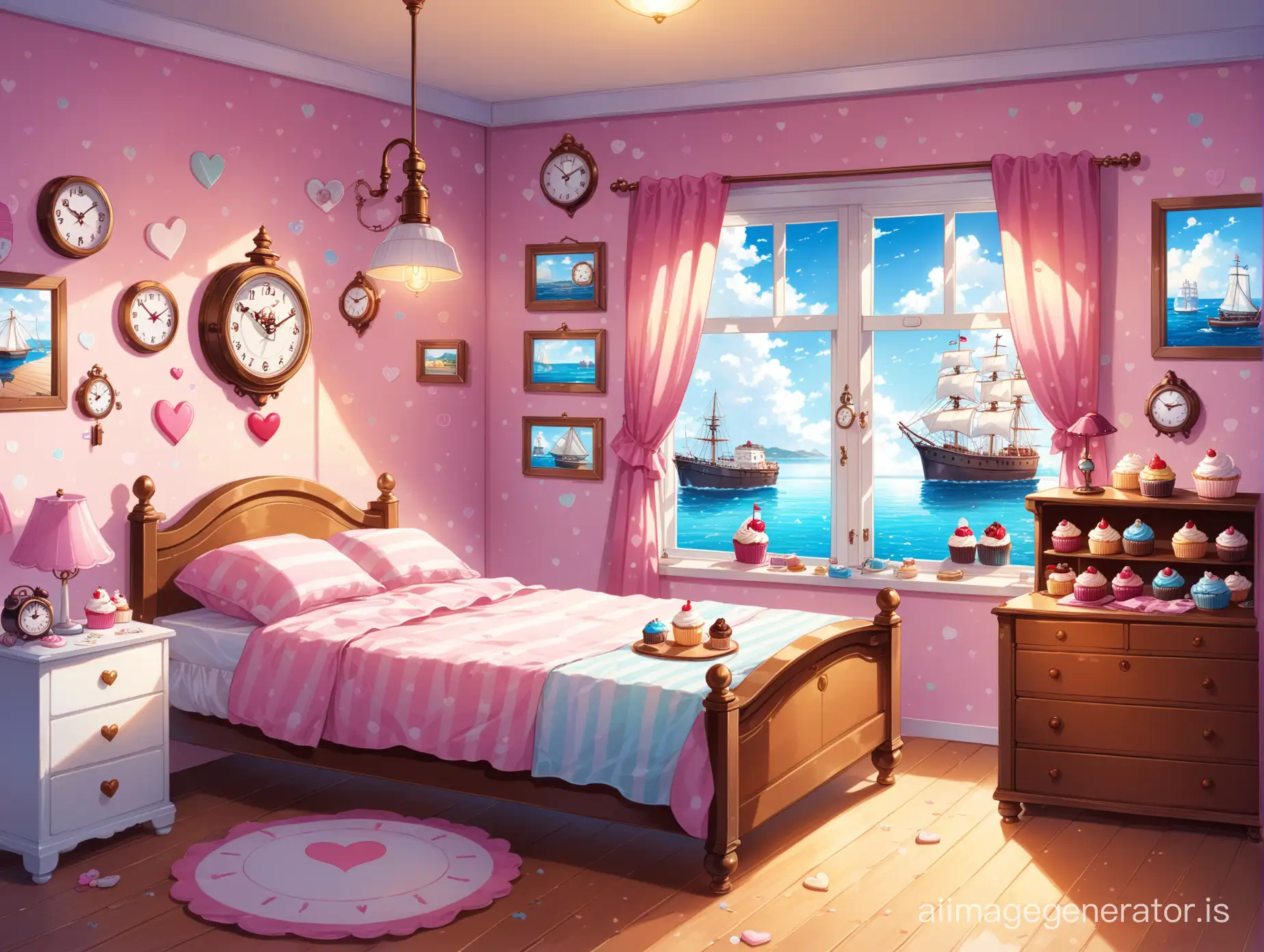 A bedroom with a messy bed, a window with a view of the sea, a dresser with a clock, a cupcake, a lamp, a ship painting, a key, a heart, a clock, a cupcake, and a heart.