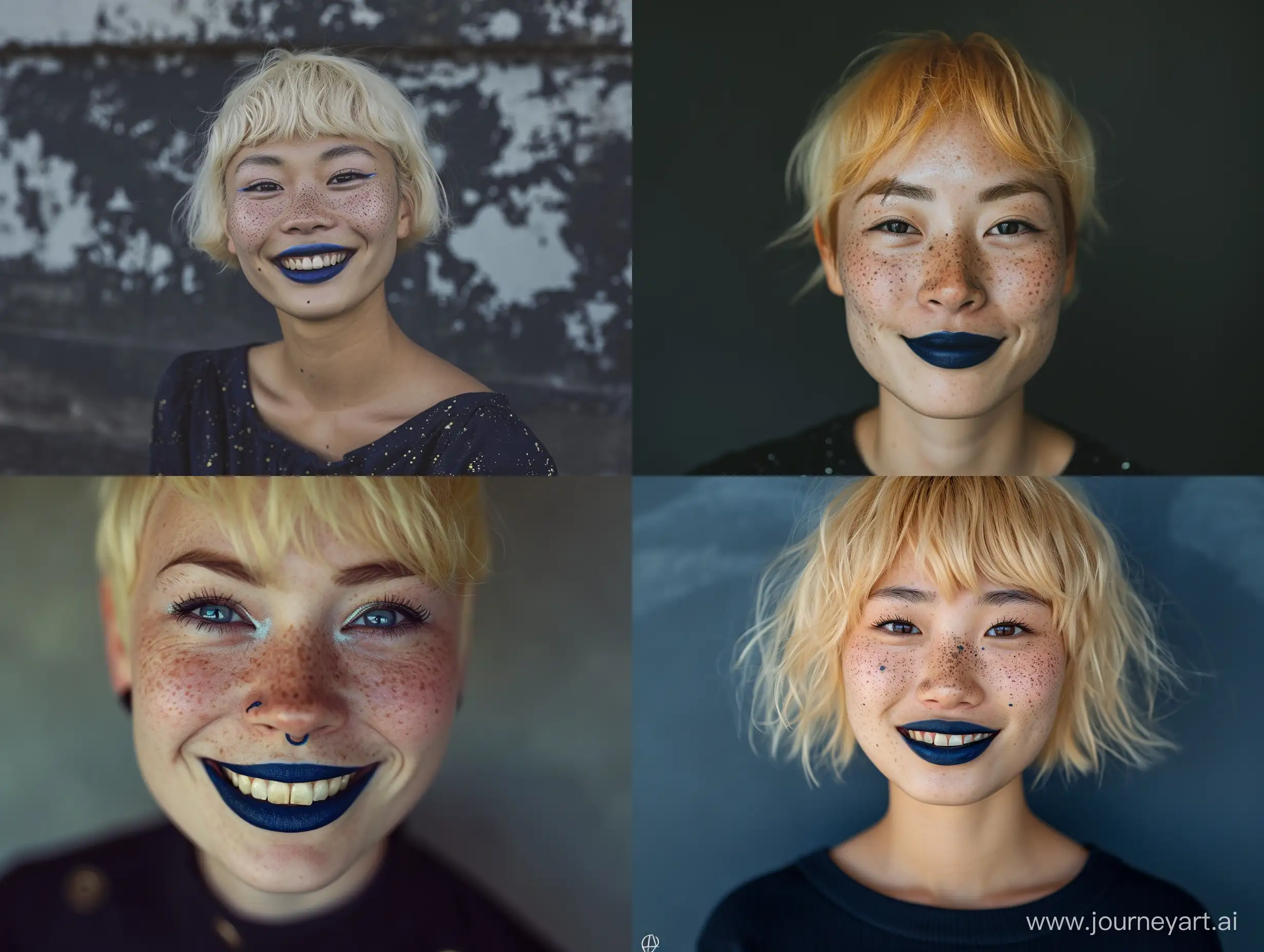 portrait of 30 year old pinup Japanese woman smiling subtly freckles dark blue lipstick bee stung lips button nose short blonde hair occult moody