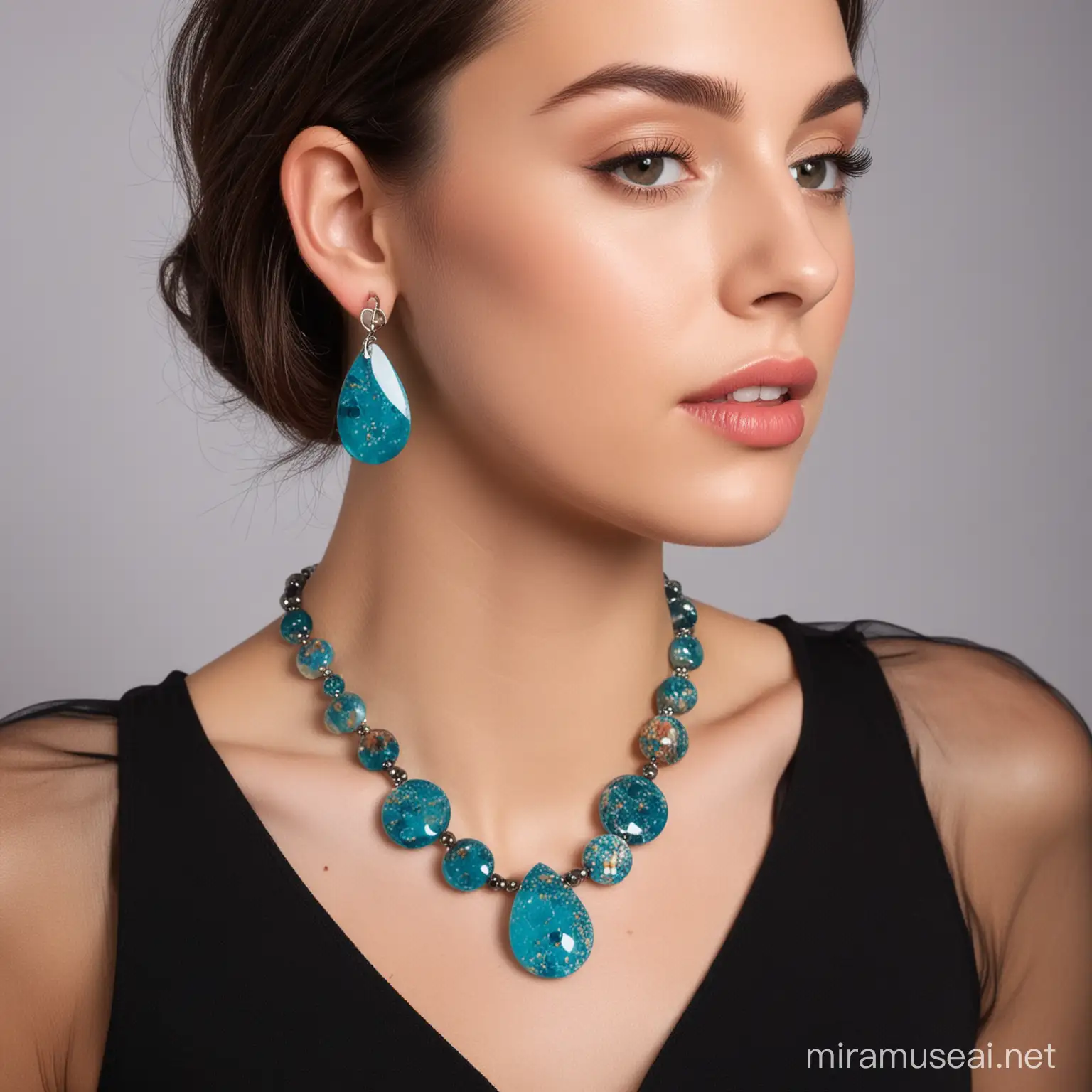 lady wearing resin necklace and earrings