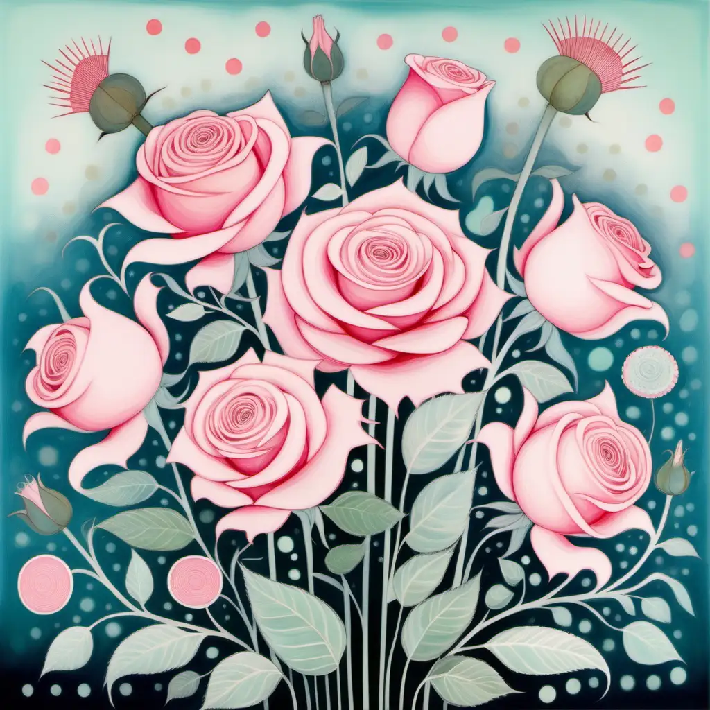 Rose, pink, sunny, summer, by Marisa Redondo, Marlene Dumas, Amanda Clark, Kay Nielsen, pink blush blue green colors, flowers, intricate detail
