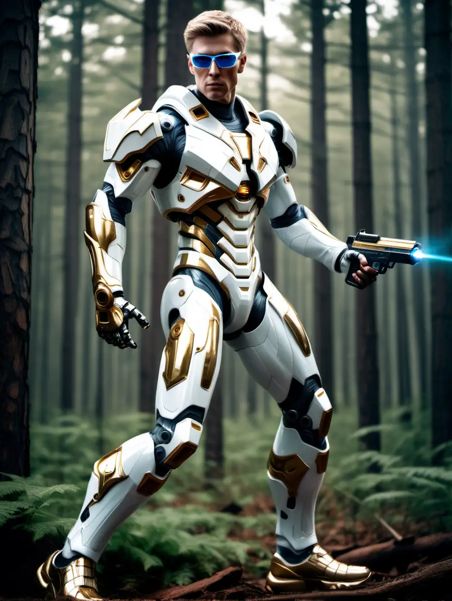 tall man, dark blond with short hair, muscular, in a white space armor suit, gold glasses, square face. In action with bionic laser gun. Forest. Bionic shoes.