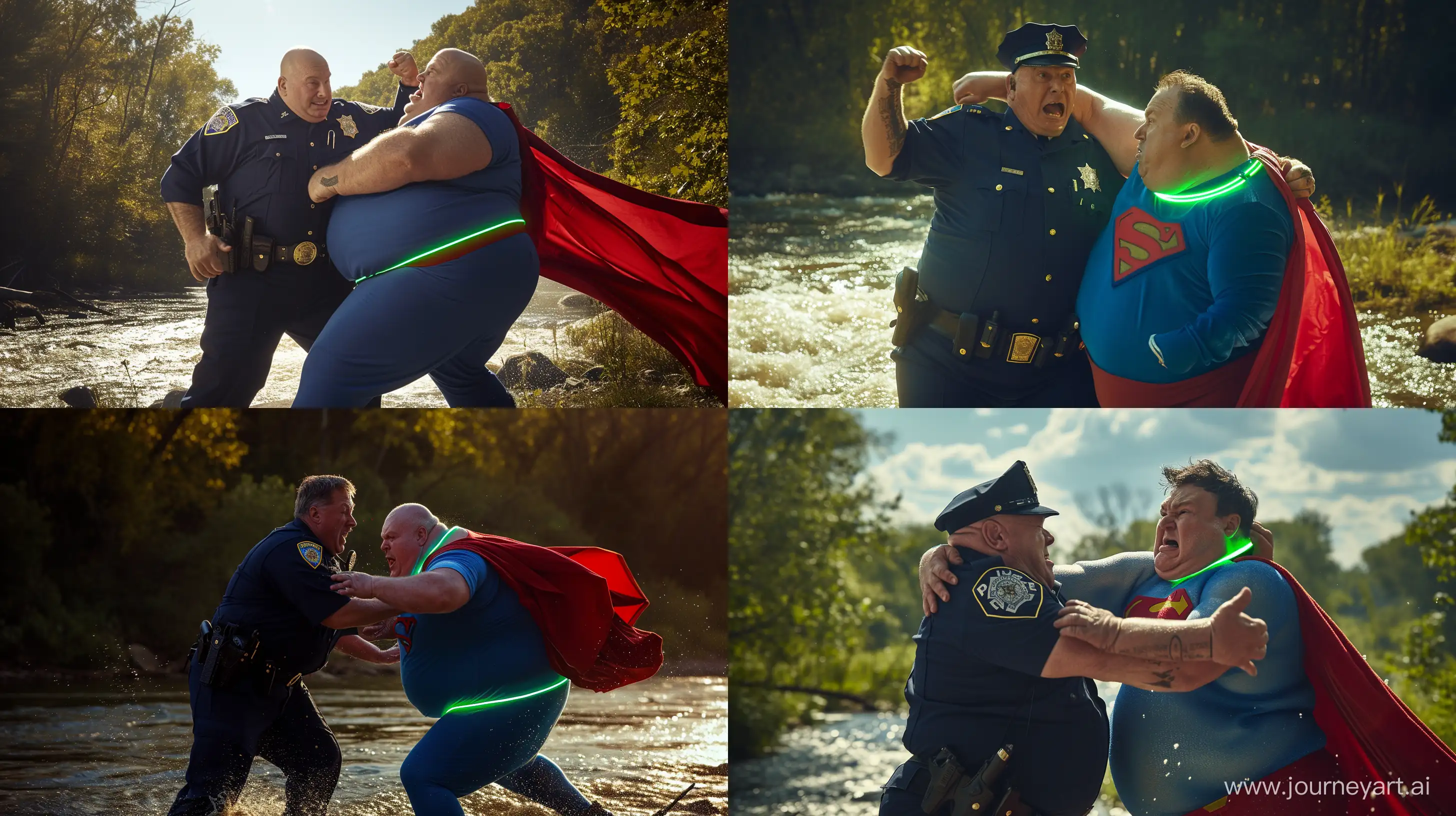 Photo of a fat man aged 60 wearing a navy police uniform tackling from behind a fat man aged 60 wearing a tight blue 1978 superman costume with a red cape  and a tight green glowing neon dog collar. Natural Light. River. --style raw --ar 16:9