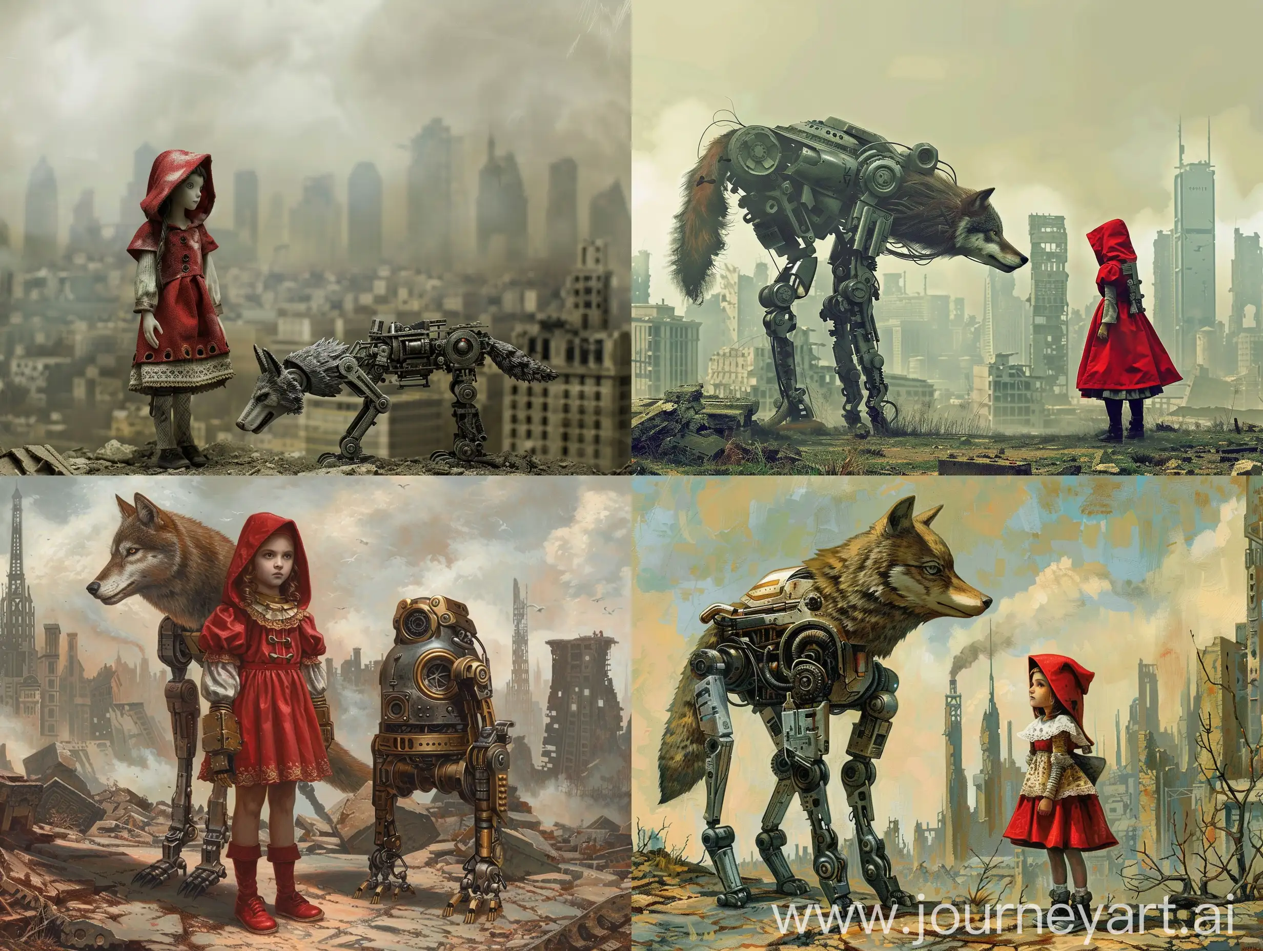 Little-Red-Riding-Hood-Confronts-Robot-Wolf-in-PostApocalyptic-City-Ruins