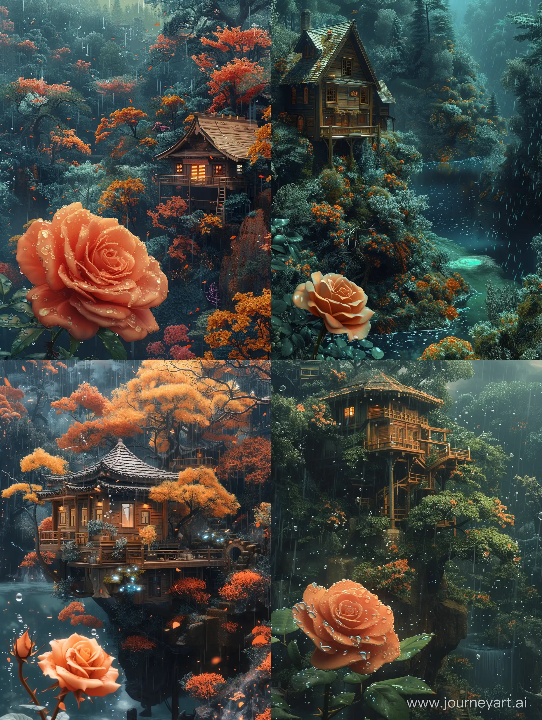 Enchanting-Bioluminescent-Wood-House-with-Rose-in-Rainfall