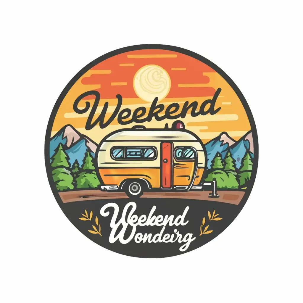 a logo design,with the text "Weekend Wondering", main symbol:Retro travel trailer, trees, mountains, road, sky, clouds, sun, people walking,complex,be used in Travel industry,clear background