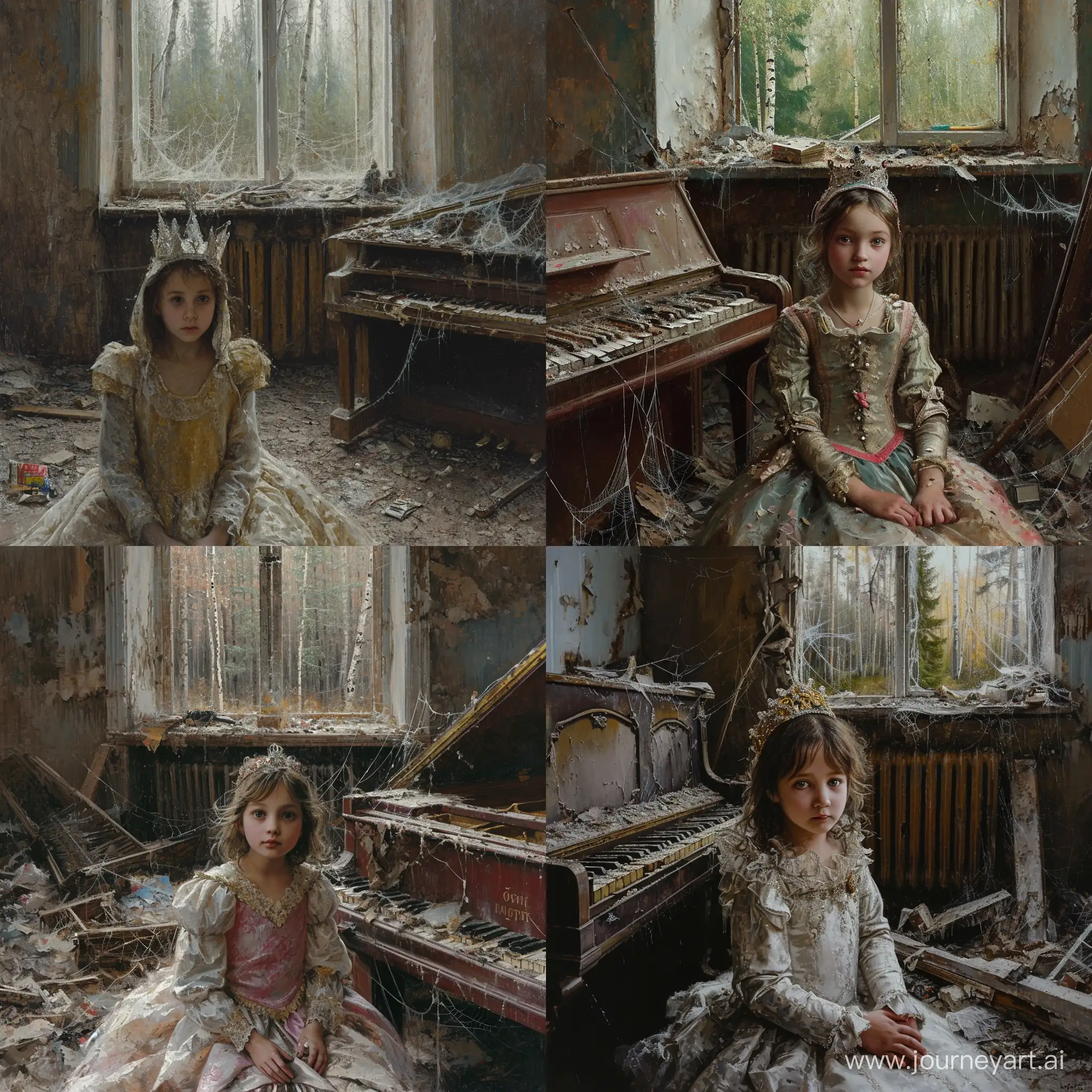красивая 12-летняя девочка в костюме принцессы сидит в советской комнате. везде грязь. мусор. сломанное пианино. паутина. окно, из которого виден лес. девочка хитрая, ехидная. живопись.
