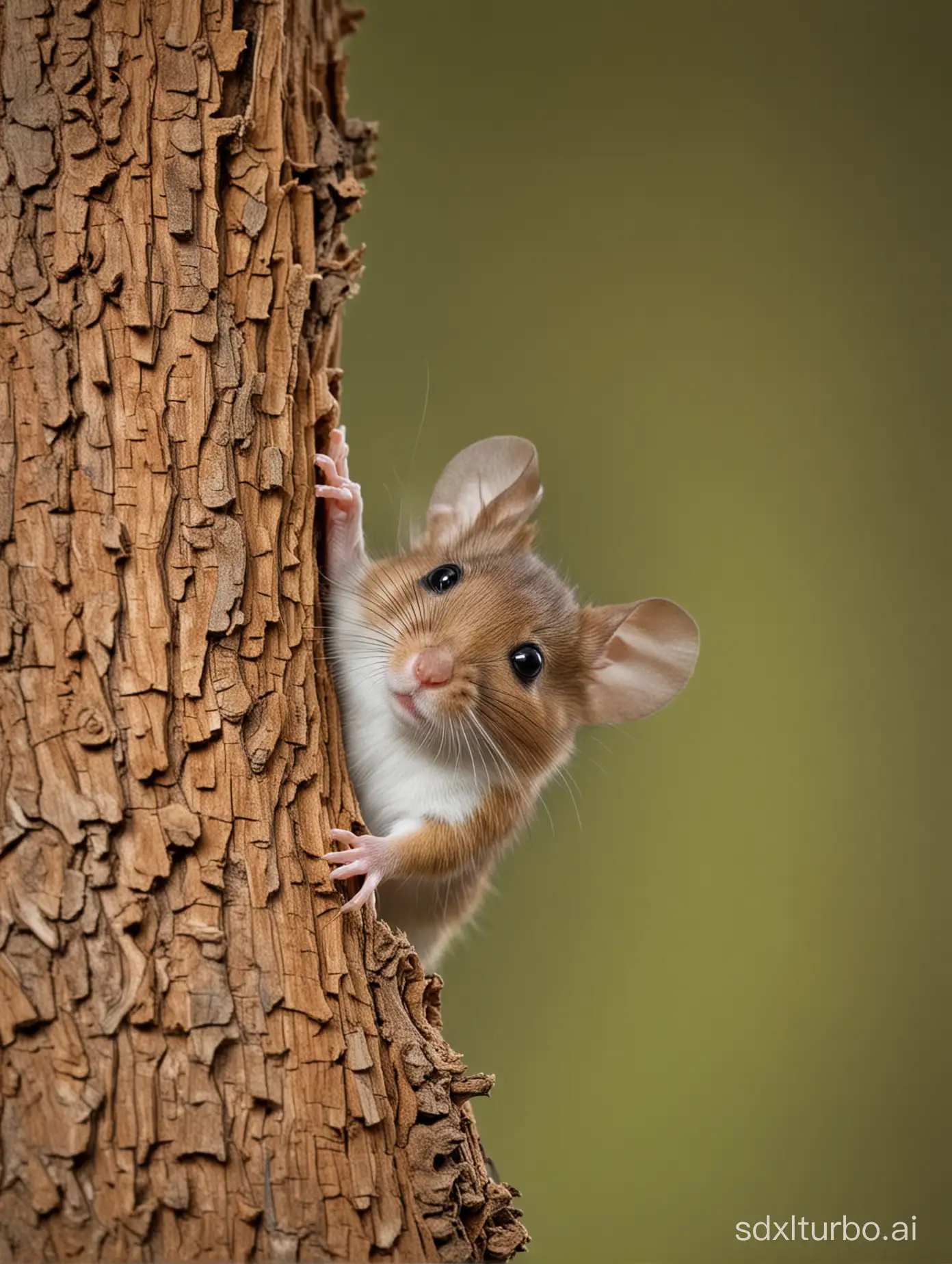 wood mouse climbing up an oak tree