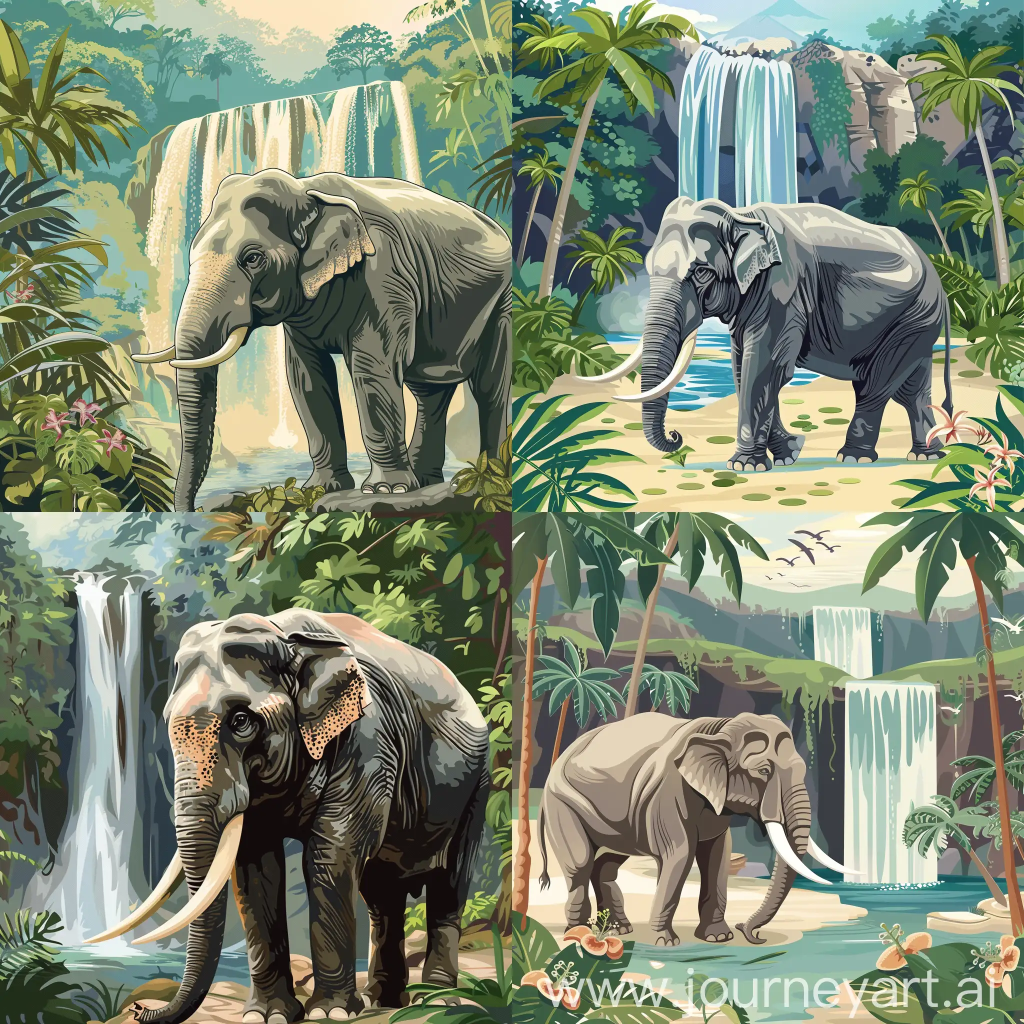 asian elephant with a waterfall in the background illustration, tropical forest