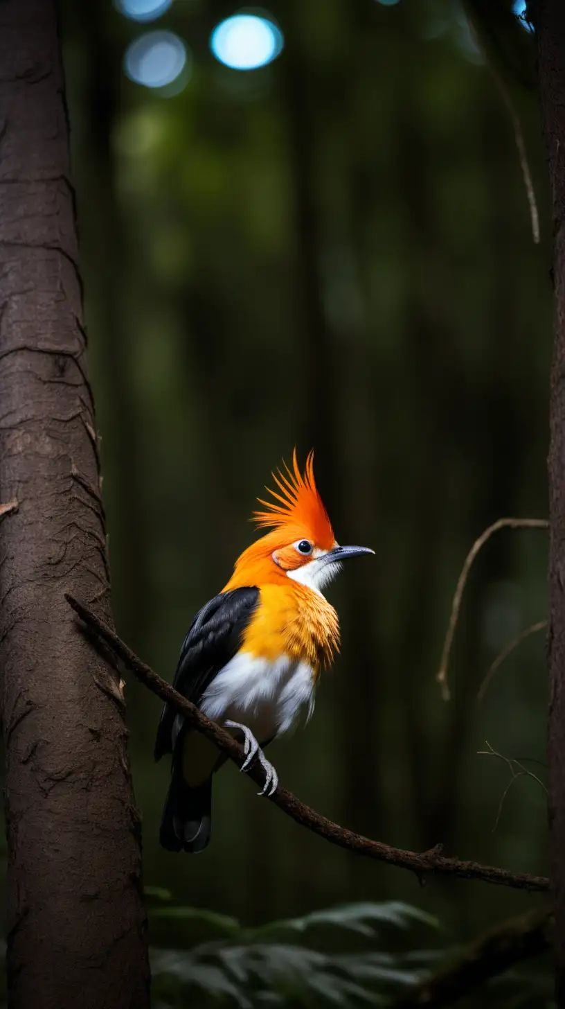 Orange-crested bird Relaxing in the forest. Wide angle shot of Dusk