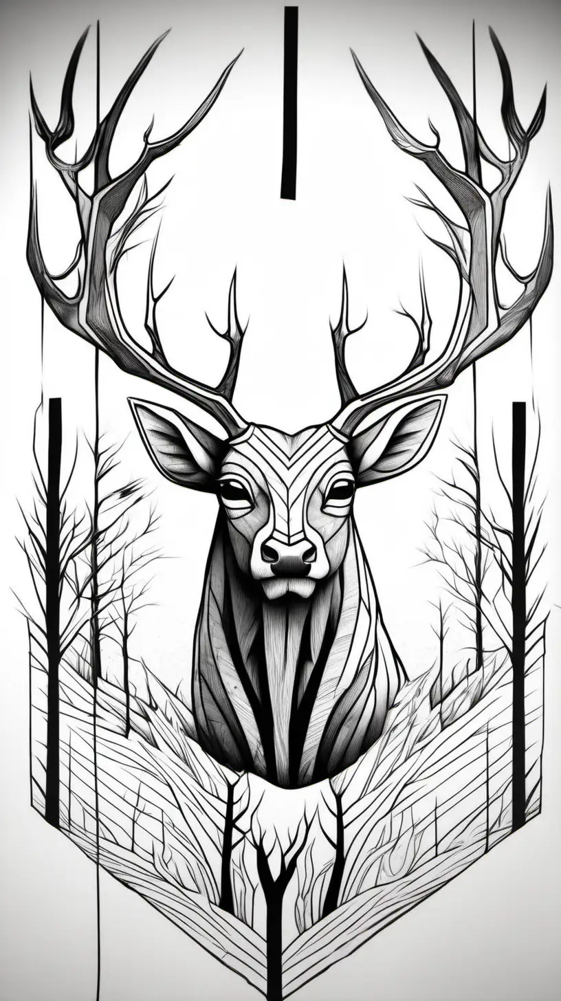 The Horned God of pagan legend, cartoon, black and white, simple lines, antlers, no shading